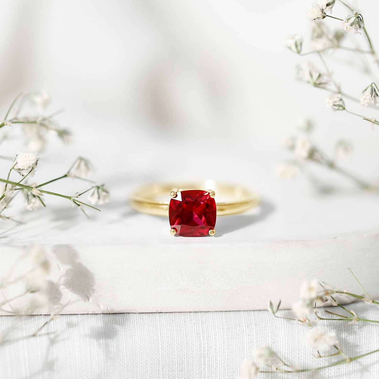 8 MM Cushion Cut Created Ruby Solitaire Ring