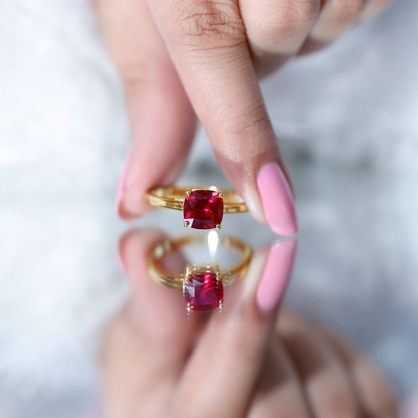 8 MM Cushion Cut Created Ruby Solitaire Ring