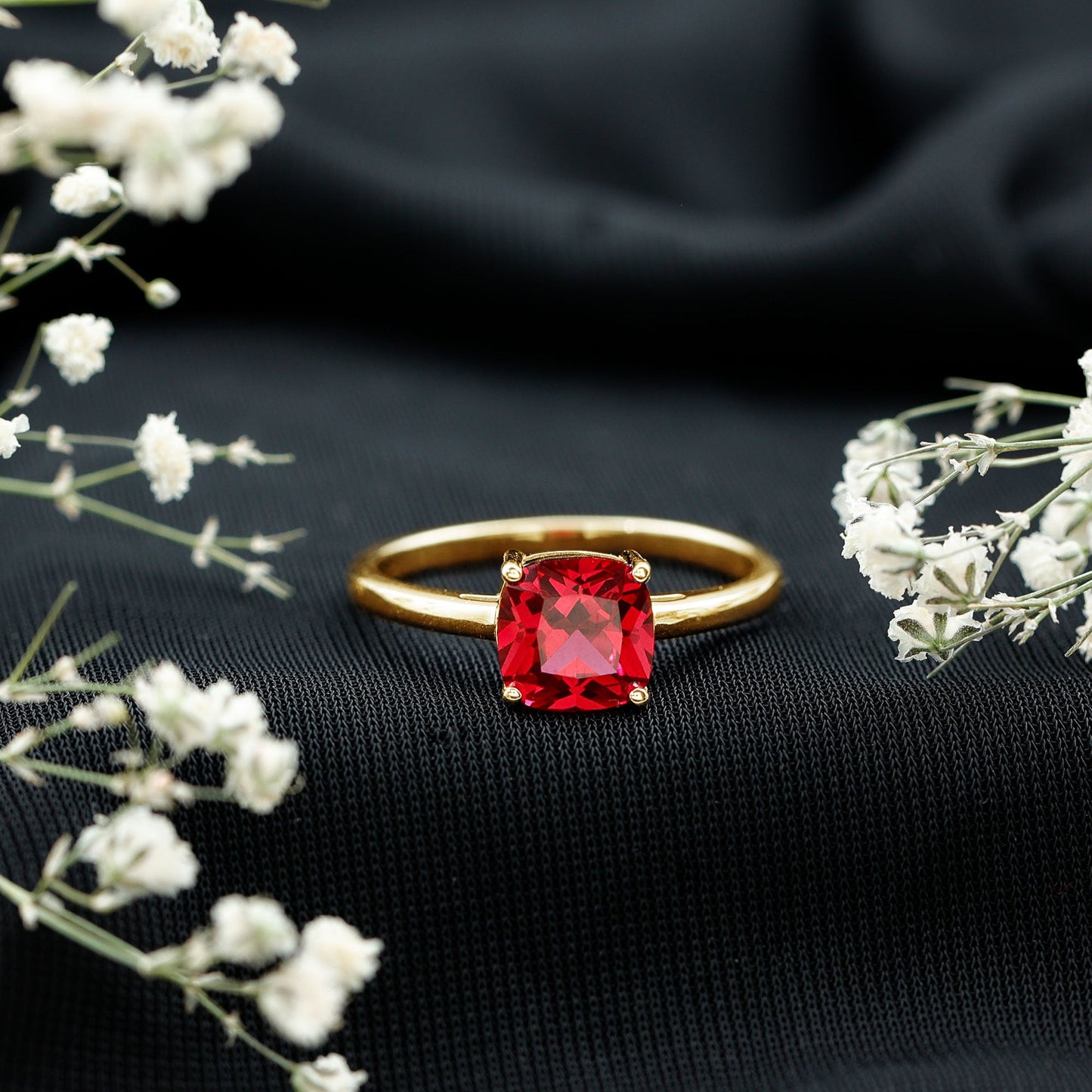 8 MM Cushion Cut Created Ruby Solitaire Ring