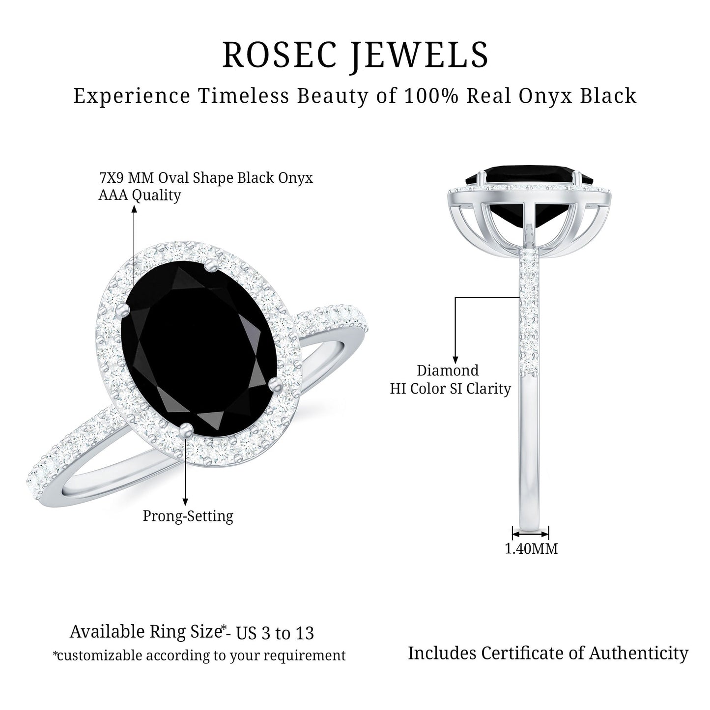 7X9mm Oval Cut Black Onyx Diamond Engagement Ring with Certificate