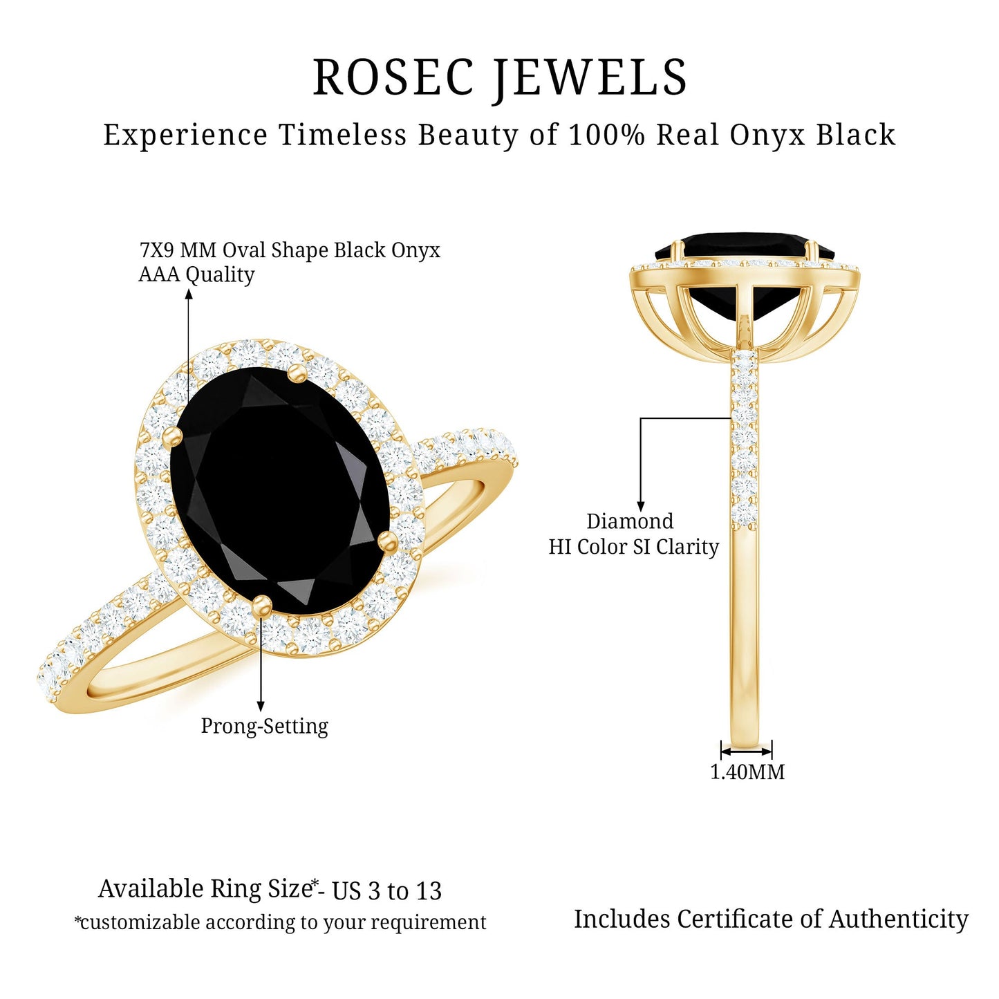 7X9mm Oval Cut Black Onyx Diamond Engagement Ring with Certificate