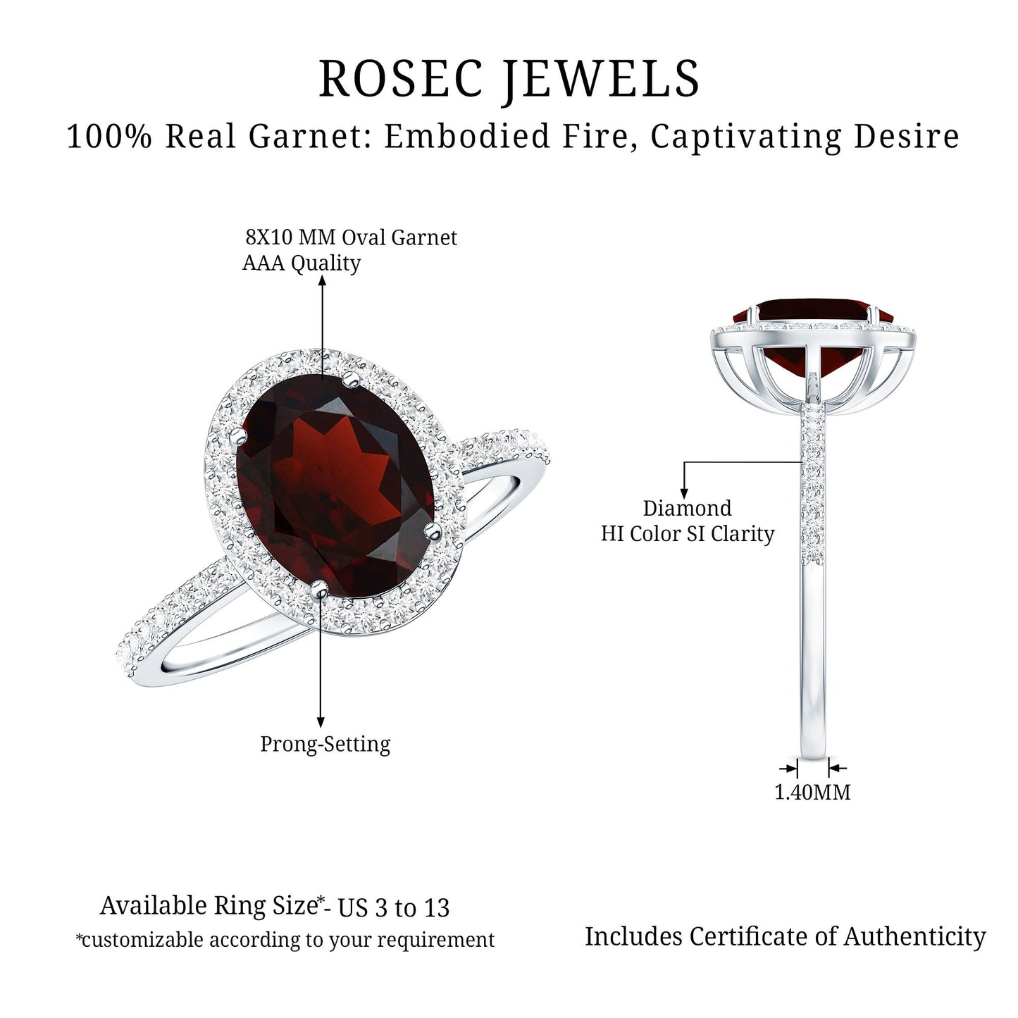 Certified Real 8X10mm Garnet Oval Engagement Ring with Diamond Halo