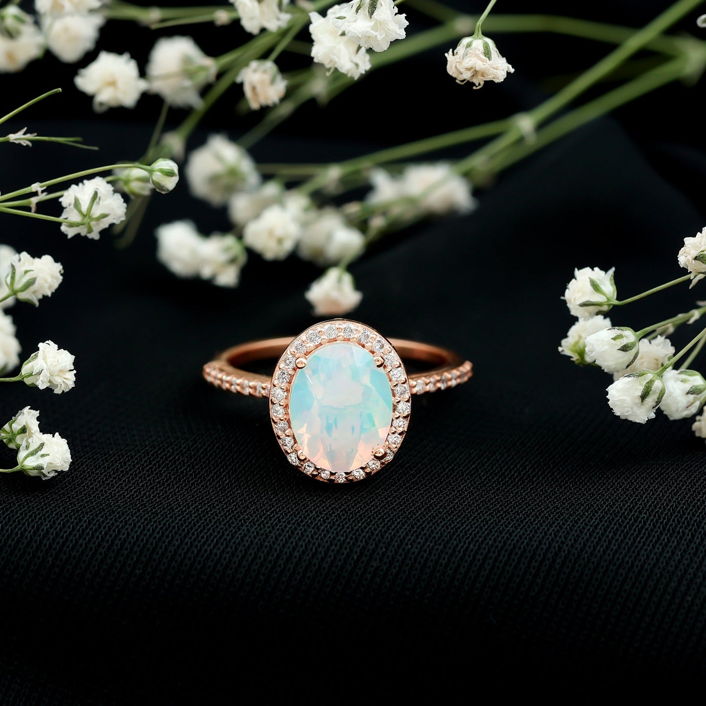 Certified Real 8X10 mm Ethiopian Opal Engagement Ring with Diamond Halo