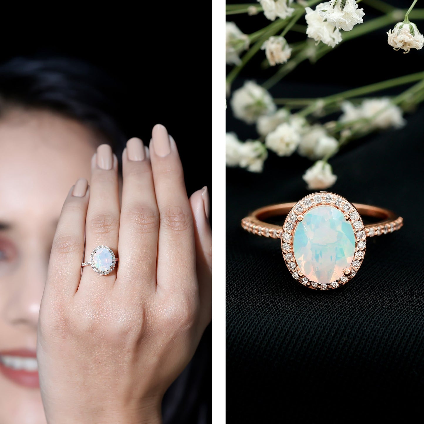 Certified Real 8X10 mm Ethiopian Opal Engagement Ring with Diamond Halo