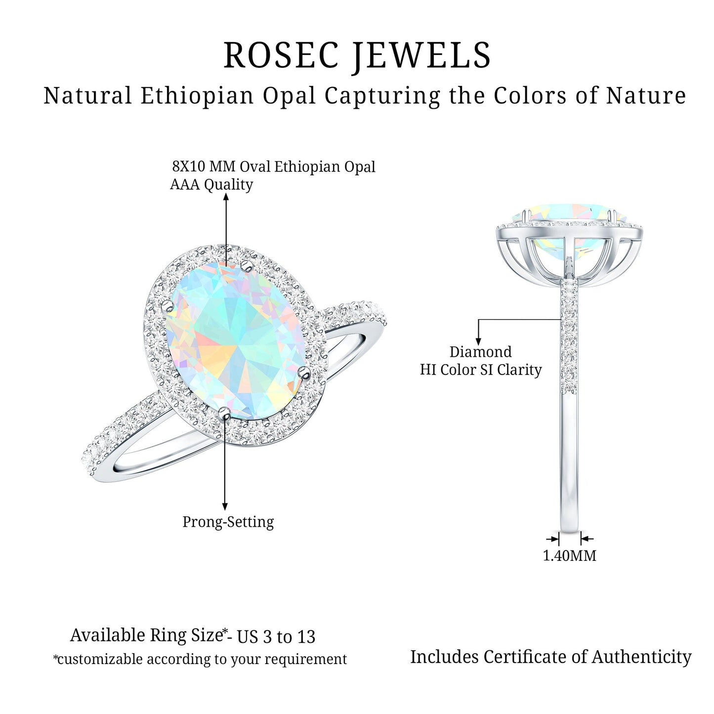 Certified Real 8X10 mm Ethiopian Opal Engagement Ring with Diamond Halo
