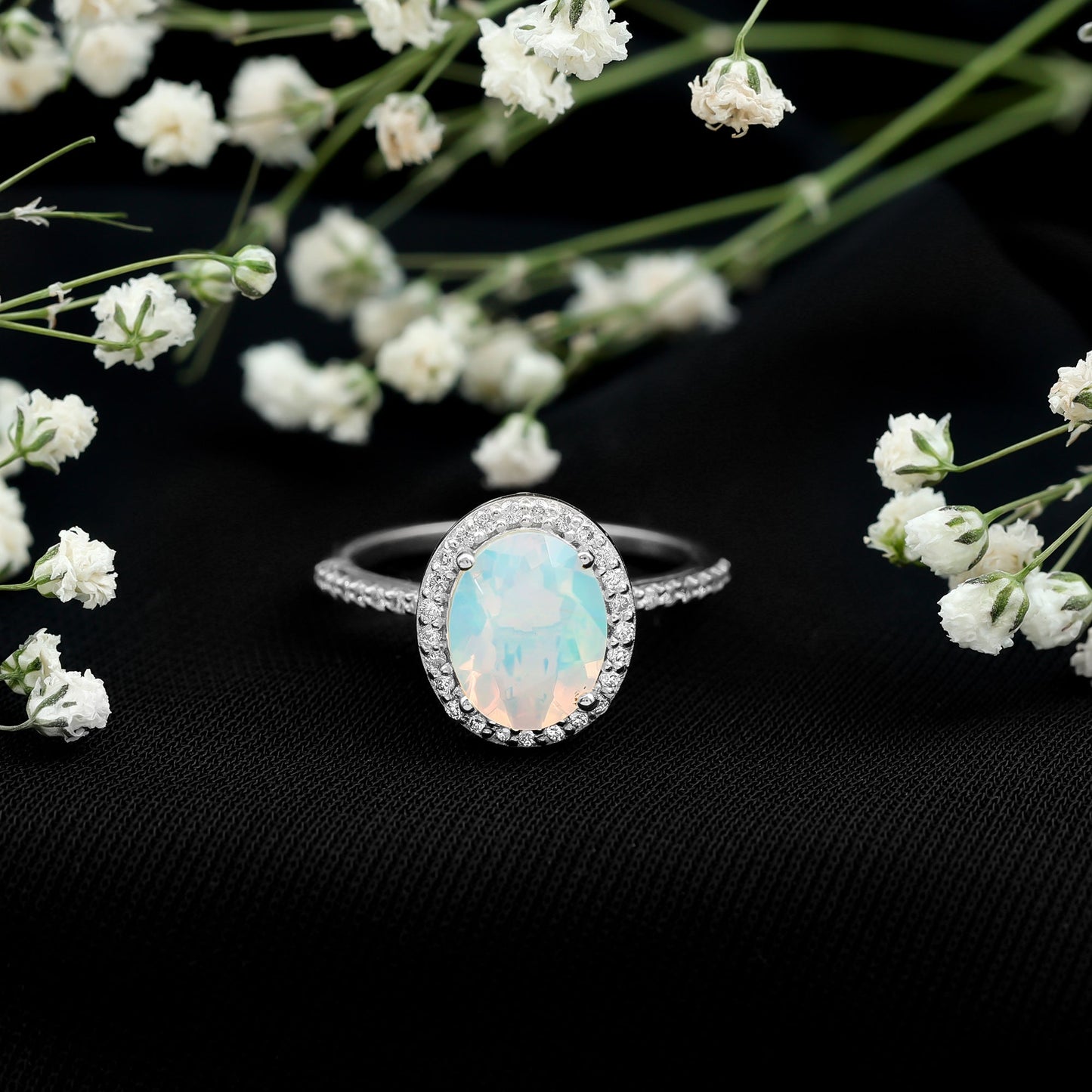 Certified Real 8X10 mm Ethiopian Opal Engagement Ring with Diamond Halo