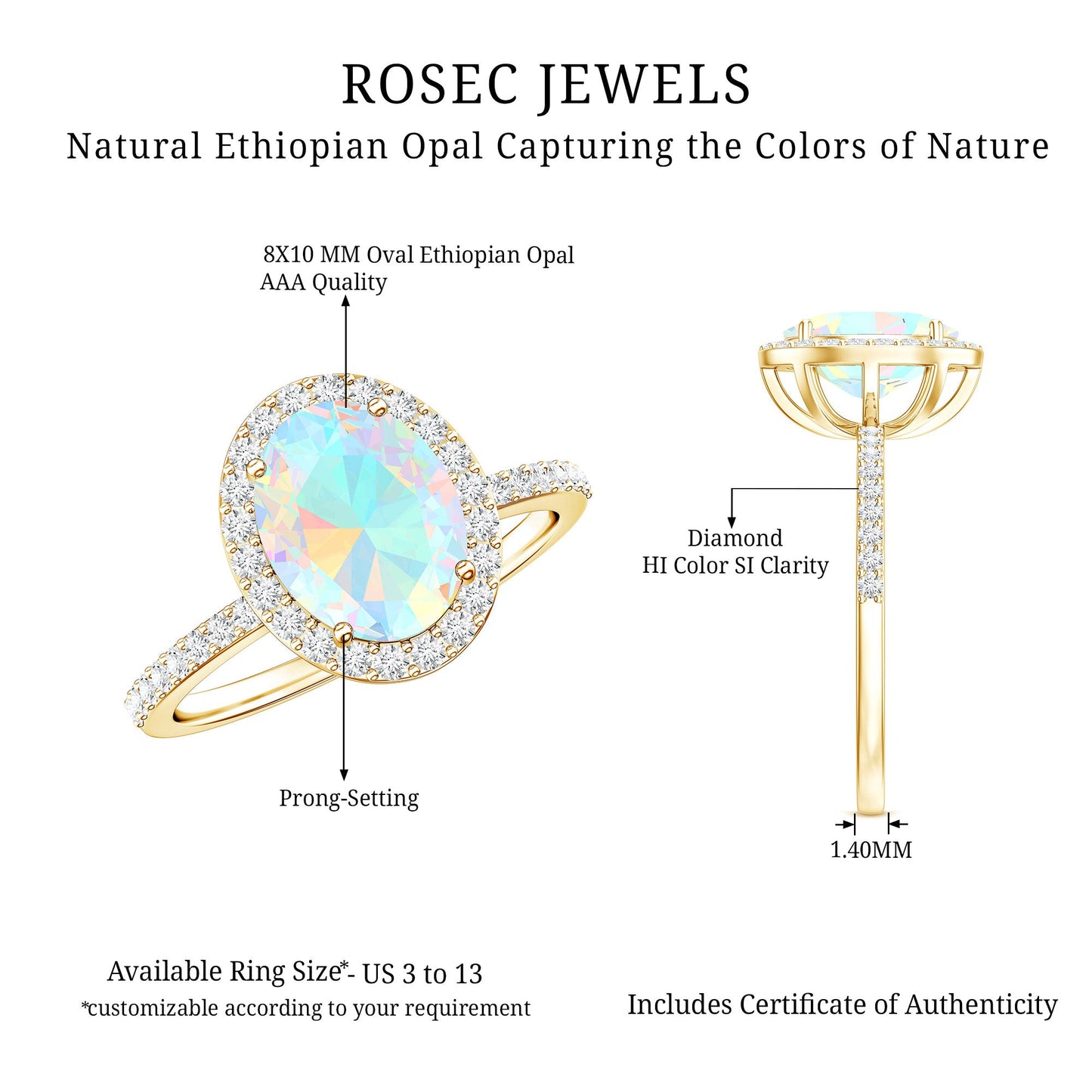 Certified Real 8X10 mm Ethiopian Opal Engagement Ring with Diamond Halo