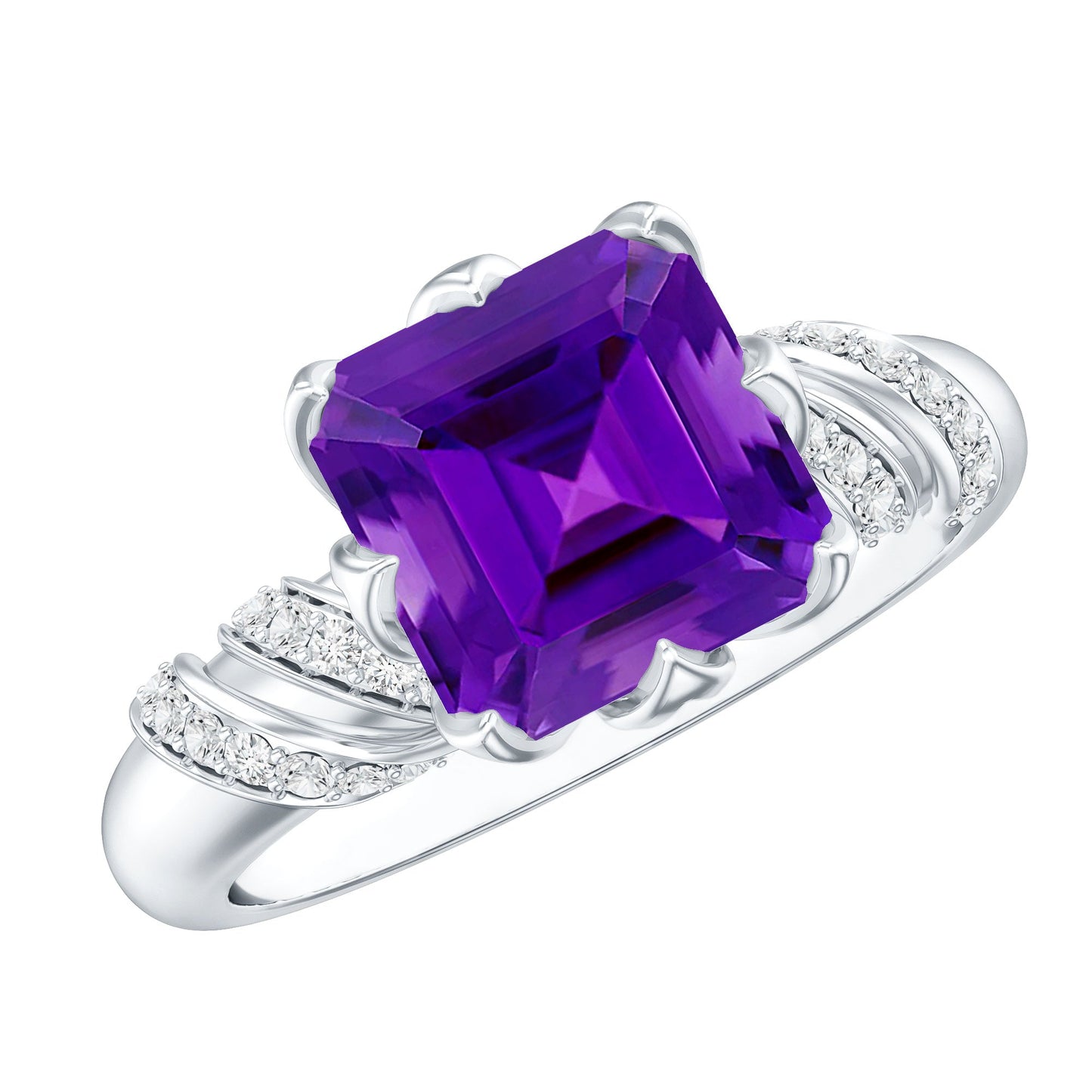 Asscher Cut Amethyst Designer Engagement Ring with Diamond