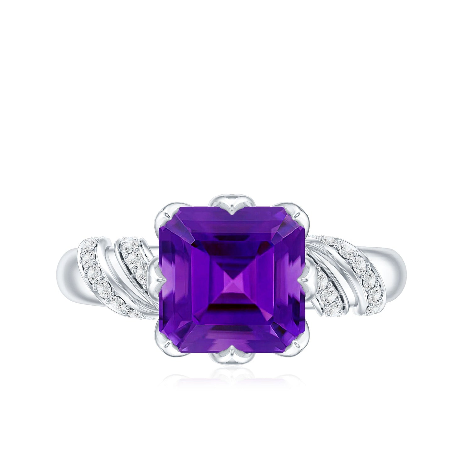Asscher Cut Amethyst Designer Engagement Ring with Diamond