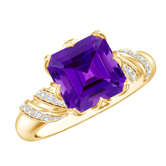 Asscher Cut Amethyst Designer Engagement Ring with Diamond