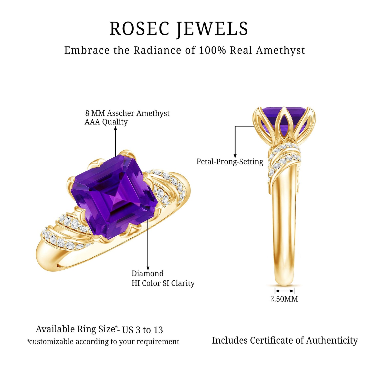 Asscher Cut Amethyst Designer Engagement Ring with Diamond