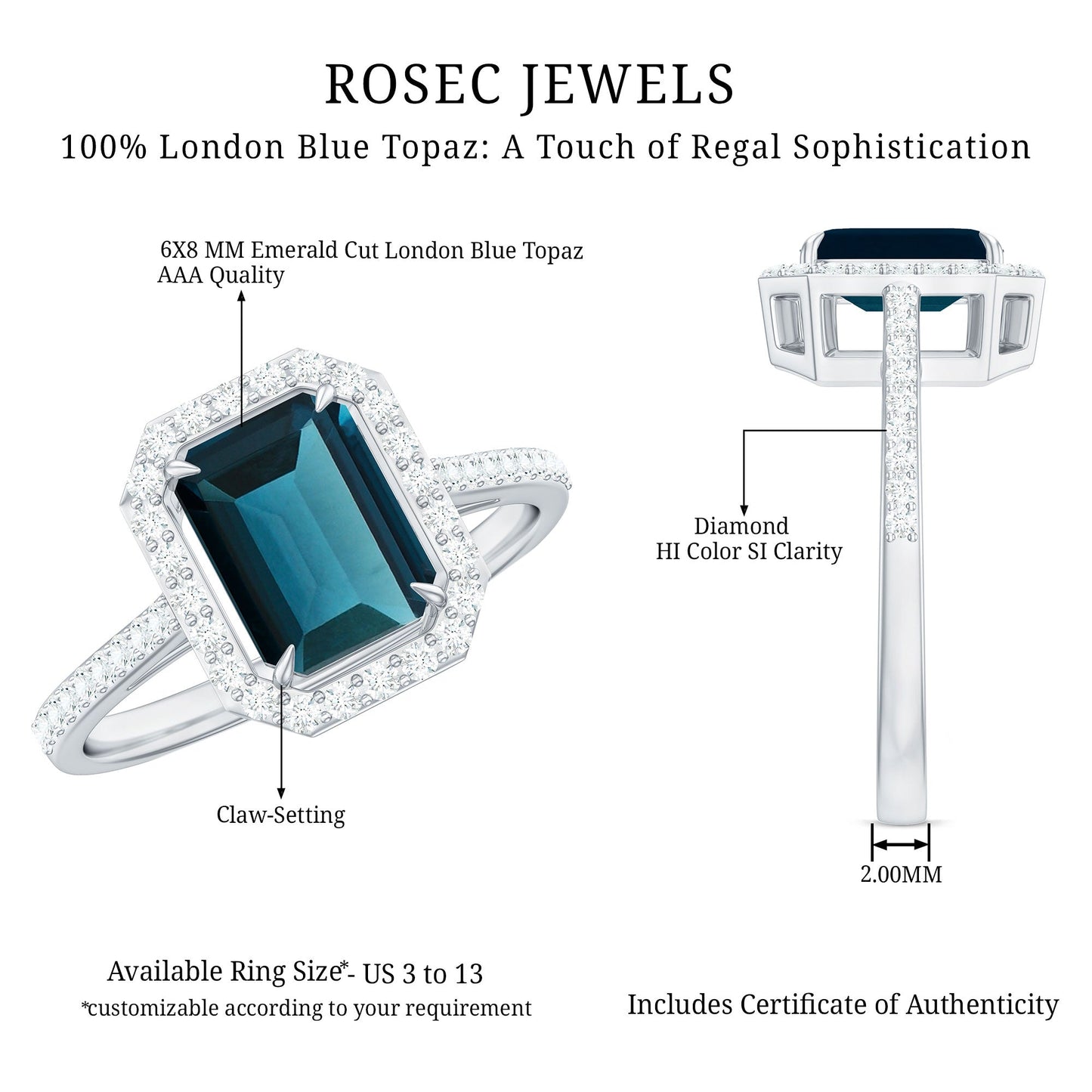 Emerald Cut London Blue Topaz Engagement Ring with Diamond Halo