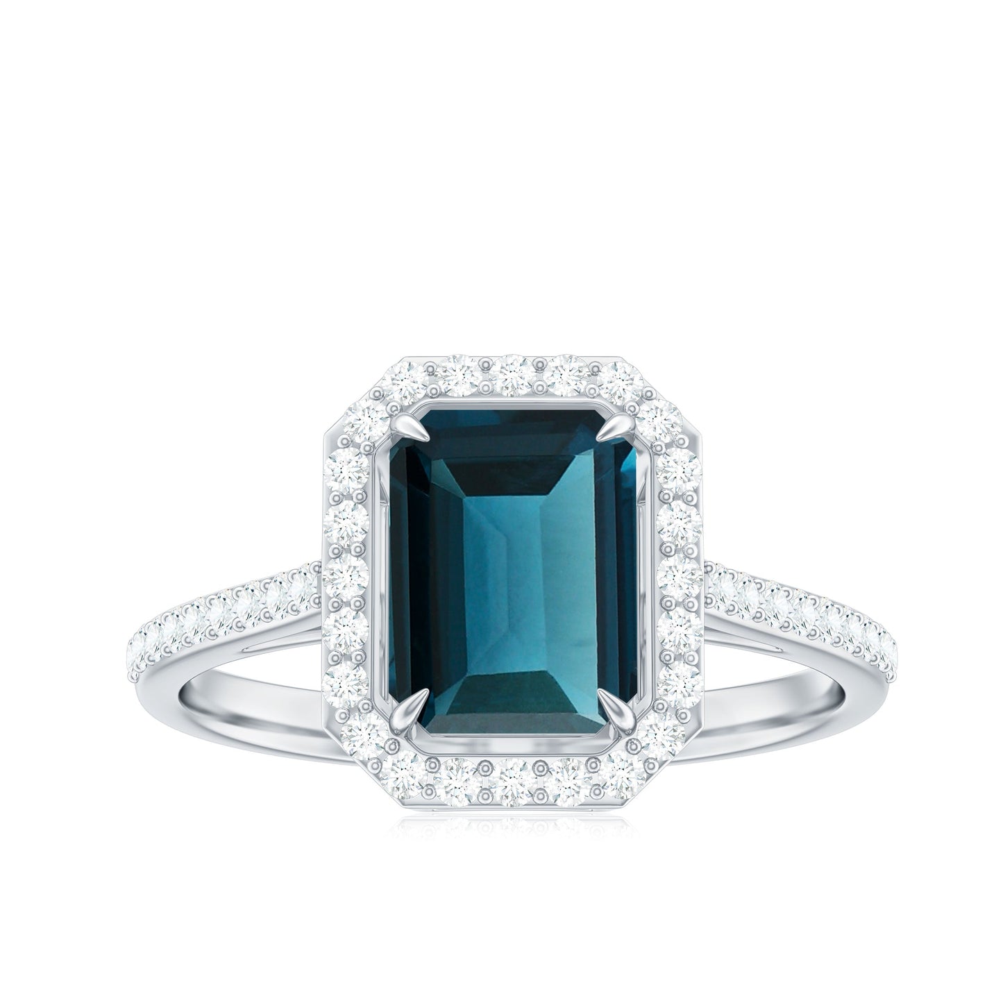 Emerald Cut London Blue Topaz Engagement Ring with Diamond Halo