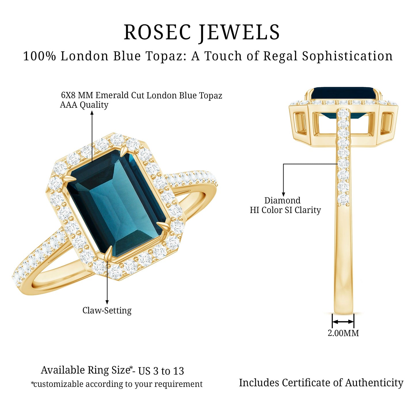 Emerald Cut London Blue Topaz Engagement Ring with Diamond Halo