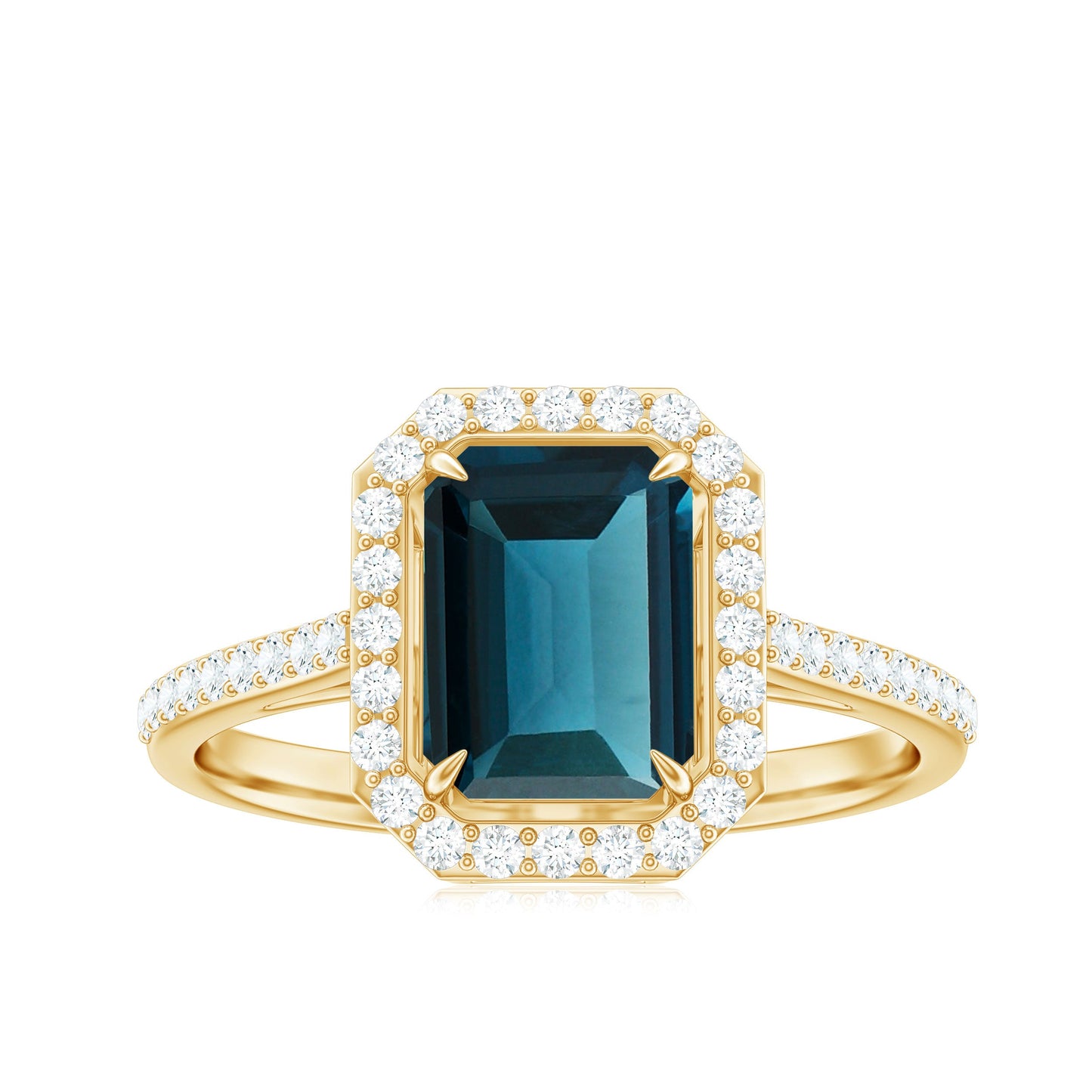 Emerald Cut London Blue Topaz Engagement Ring with Diamond Halo
