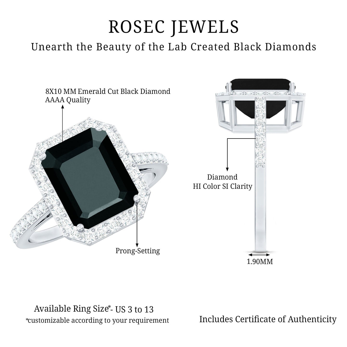 3.4 Carat Lab Grown Black Diamond Emerald Cut Engagement Ring with White Diamond Halo