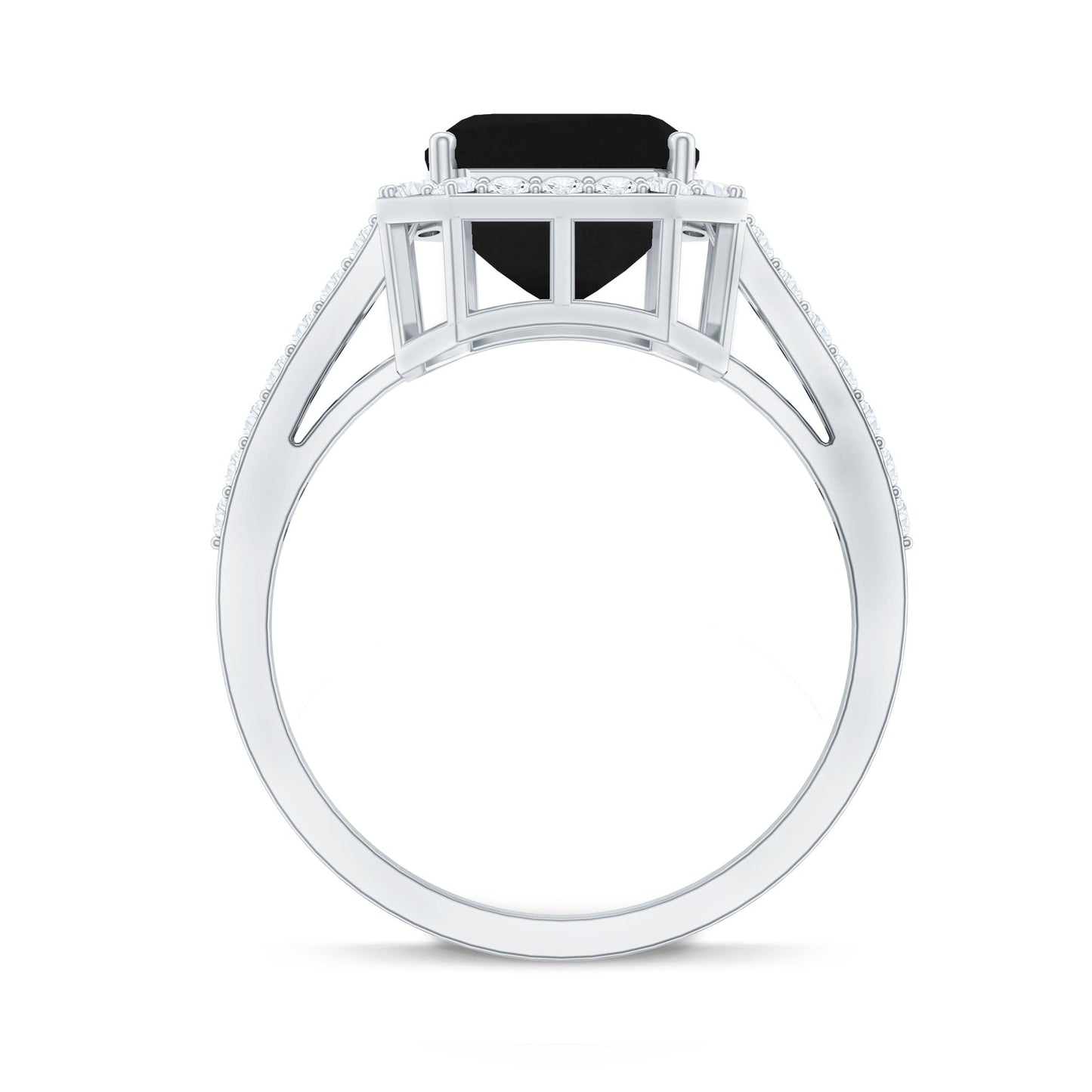3.4 Carat Lab Grown Black Diamond Emerald Cut Engagement Ring with White Diamond Halo