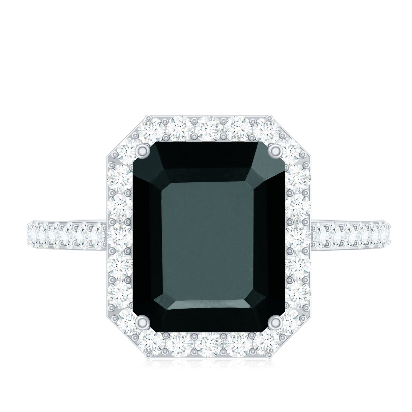 3.4 Carat Lab Grown Black Diamond Emerald Cut Engagement Ring with White Diamond Halo
