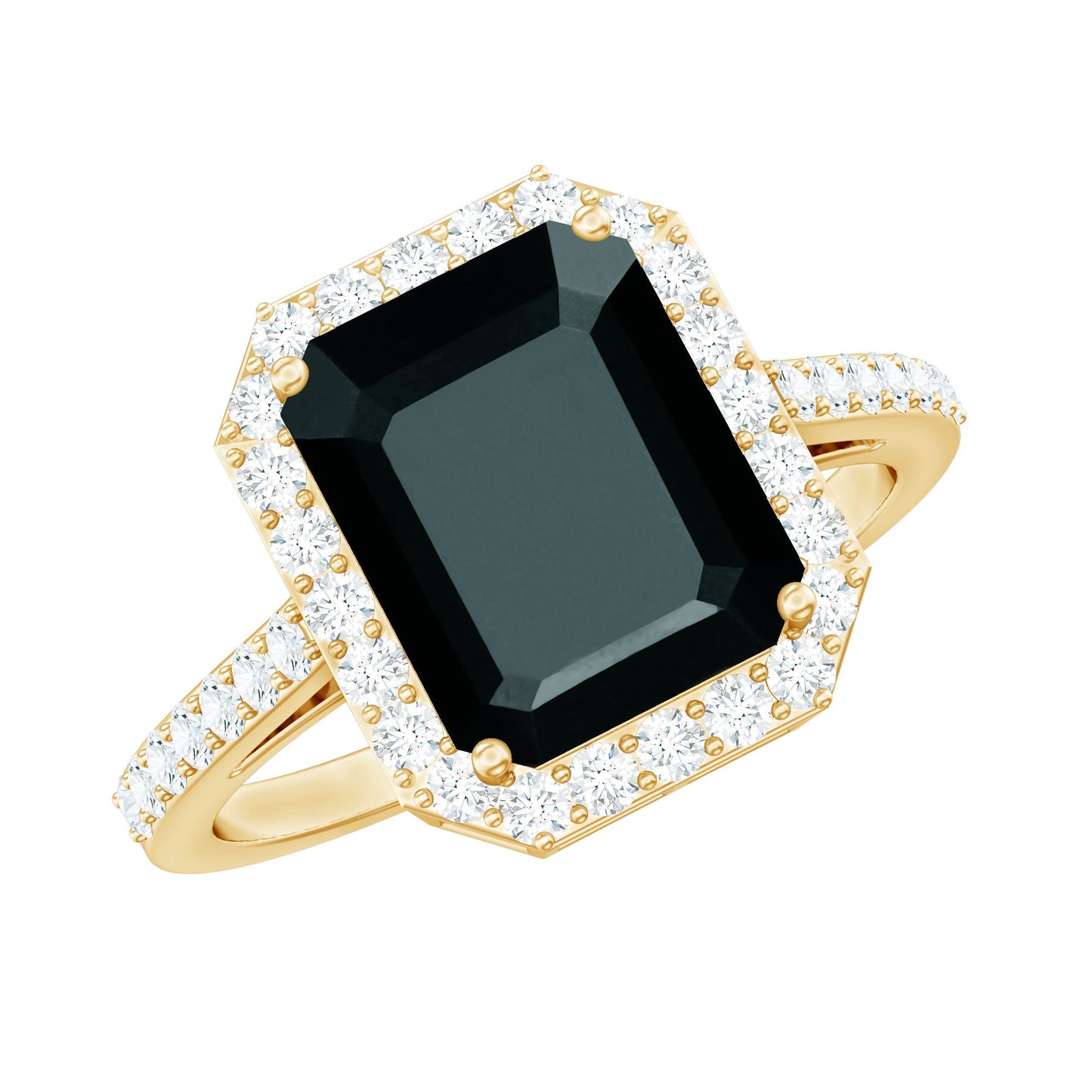 3.4 Carat Lab Grown Black Diamond Emerald Cut Engagement Ring with White Diamond Halo