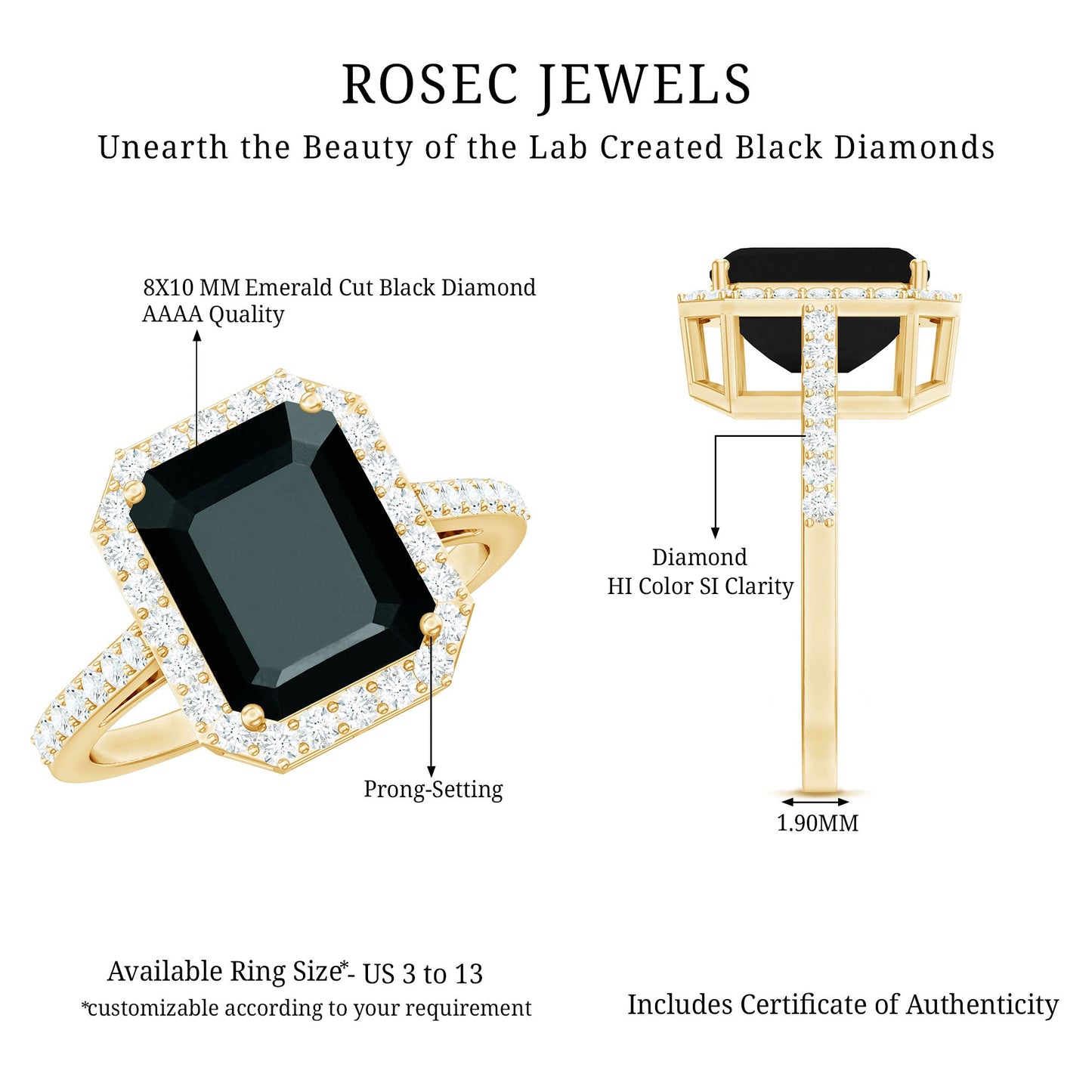 3.4 Carat Lab Grown Black Diamond Emerald Cut Engagement Ring with White Diamond Halo