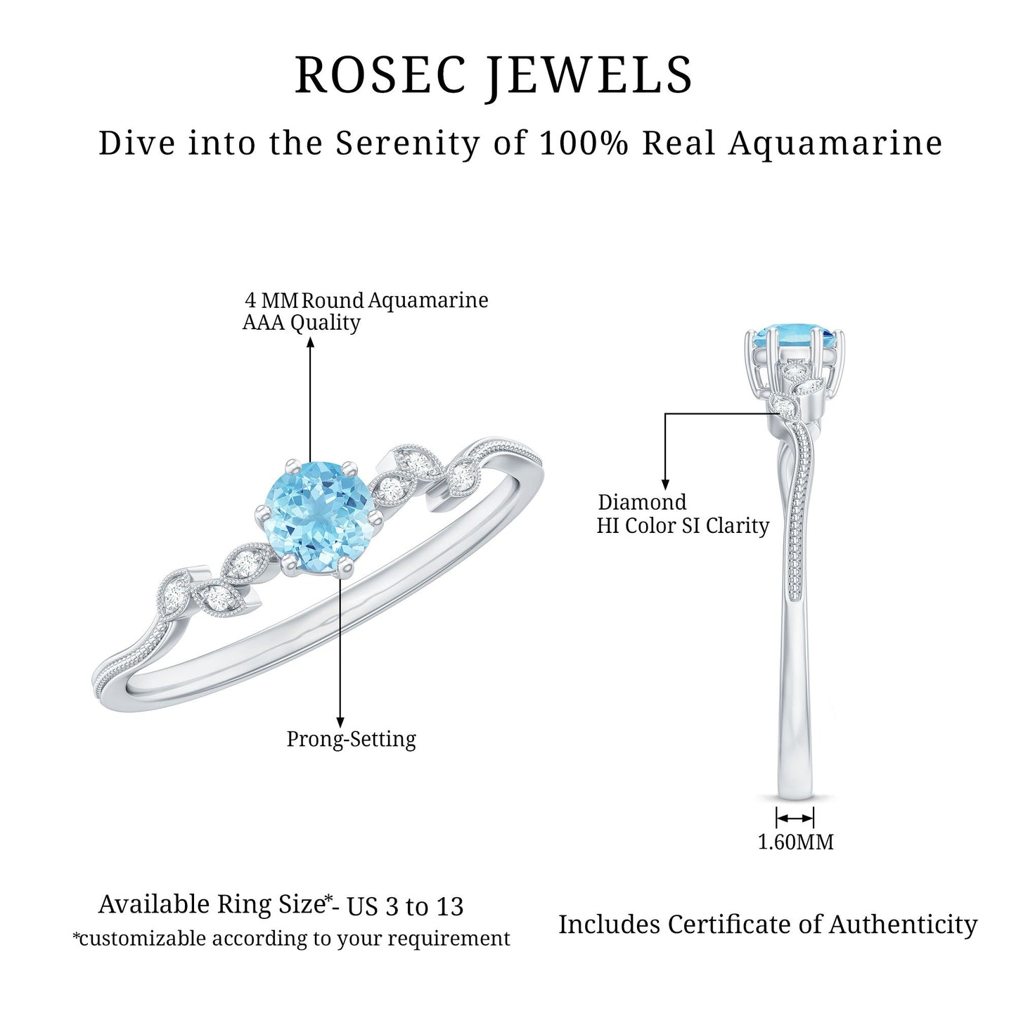 Round Aquamarine Diamond Nature Inspired Promise Ring