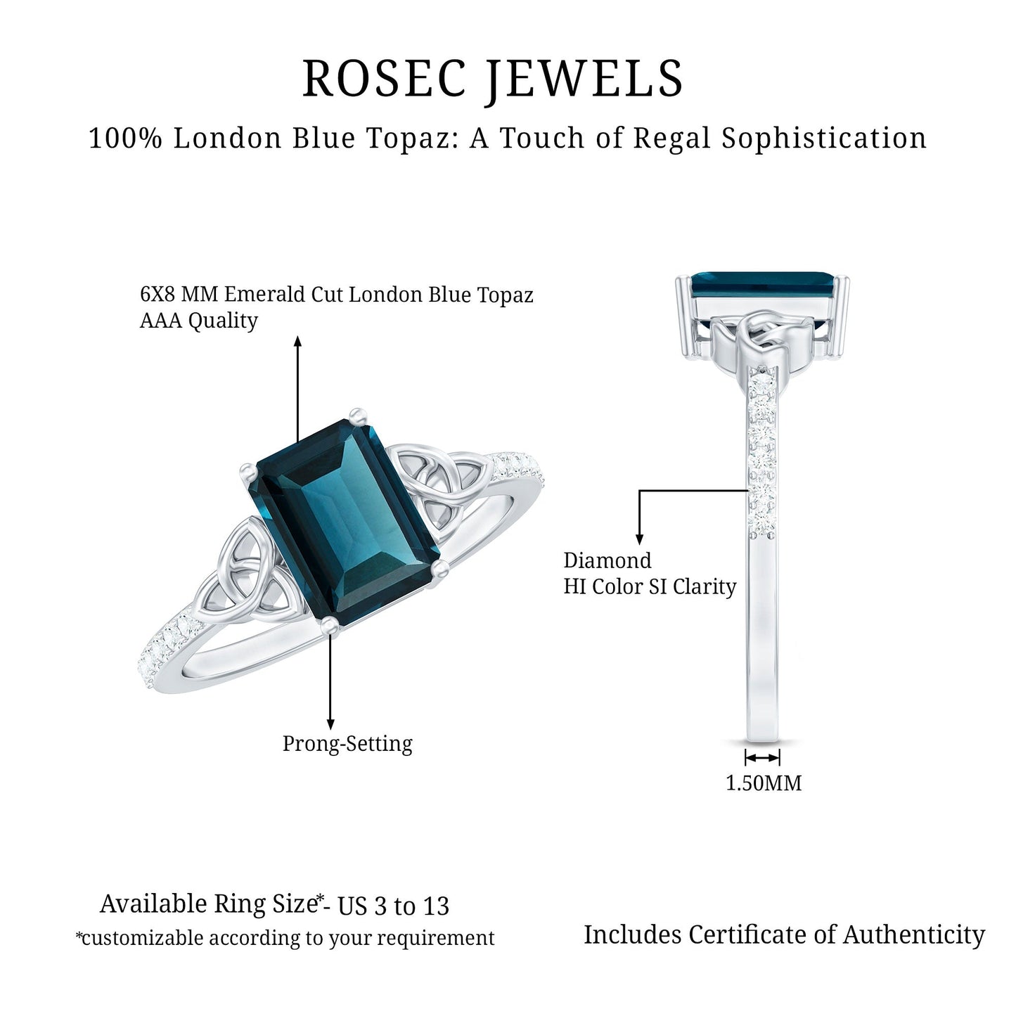 Emerald Cut London Blue Topaz Celtic Engagement Ring with Diamond