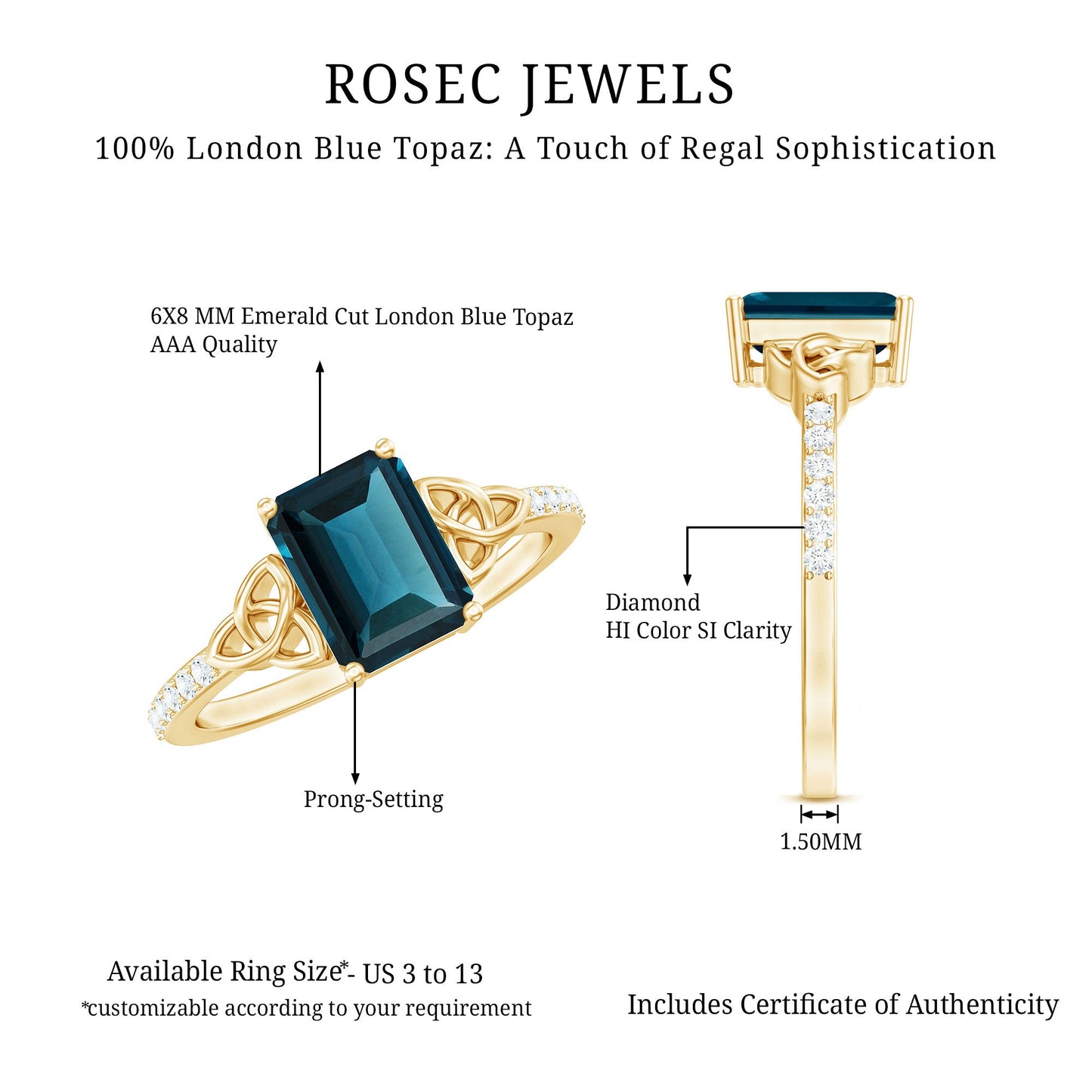 Emerald Cut London Blue Topaz Celtic Engagement Ring with Diamond