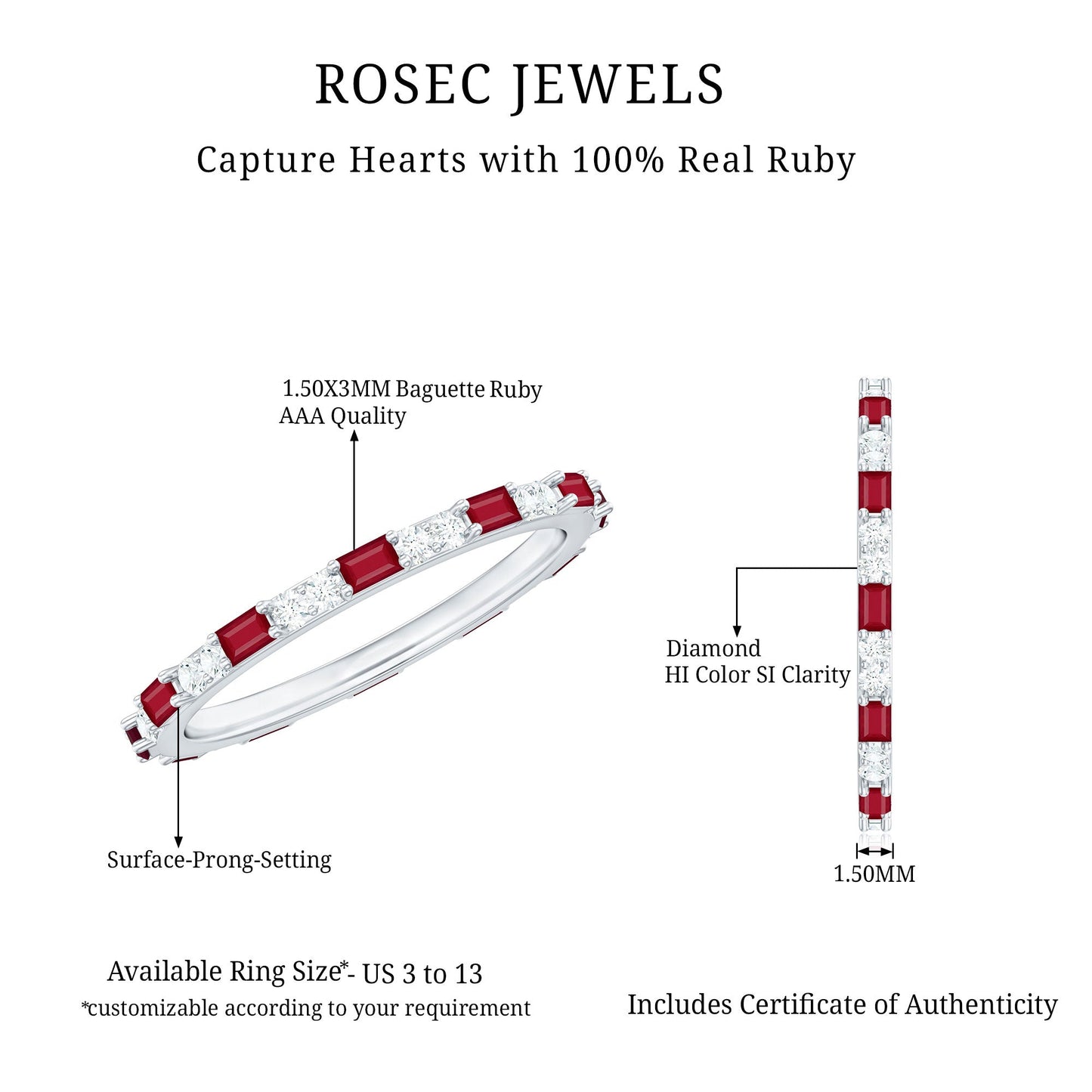Genuine Baguette Ruby Diamond Eternity Ring for Women