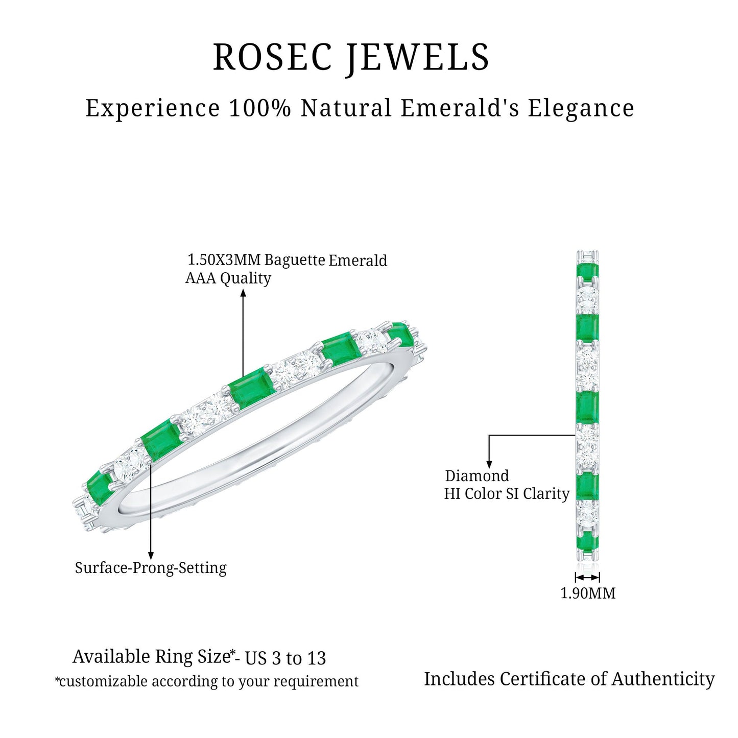 Natural Baguette Emerald Diamond Eternity Ring in East West Style
