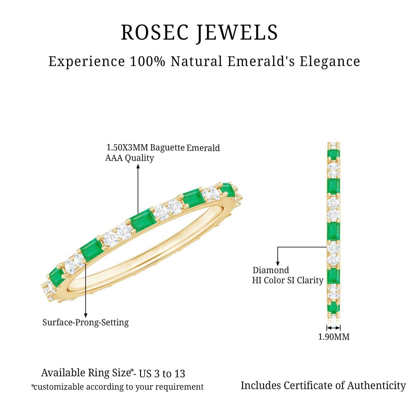 Natural Baguette Emerald Diamond Eternity Ring in East West Style