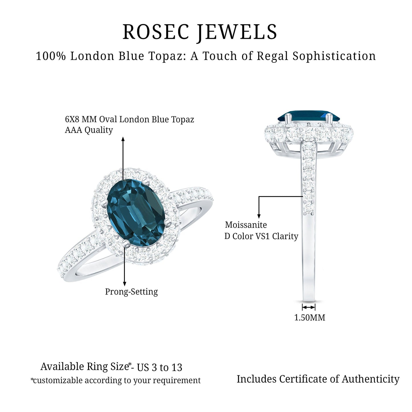 Genuine London Blue Topaz Classic Engagement Ring with Moissanite Halo