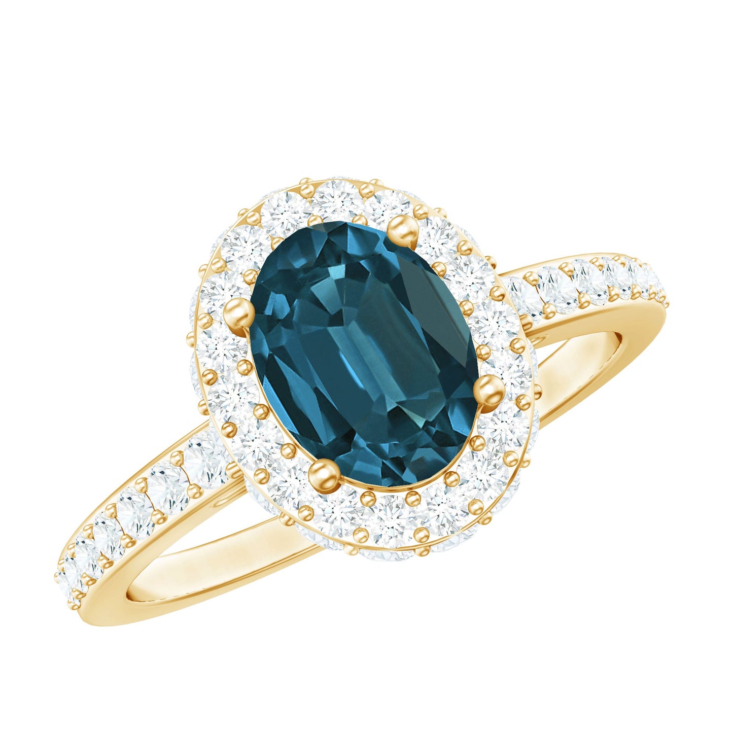 Genuine London Blue Topaz Classic Engagement Ring with Moissanite Halo