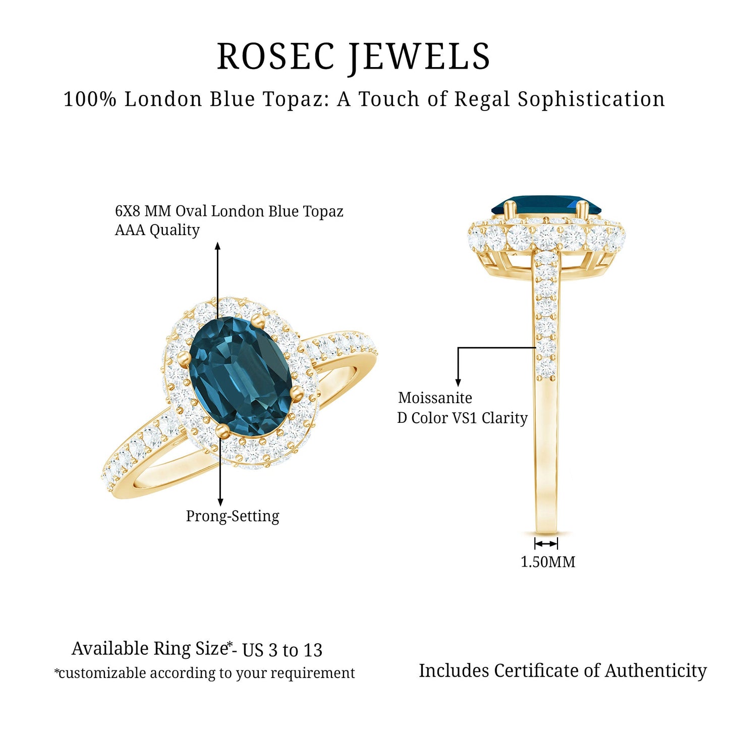 Genuine London Blue Topaz Classic Engagement Ring with Moissanite Halo