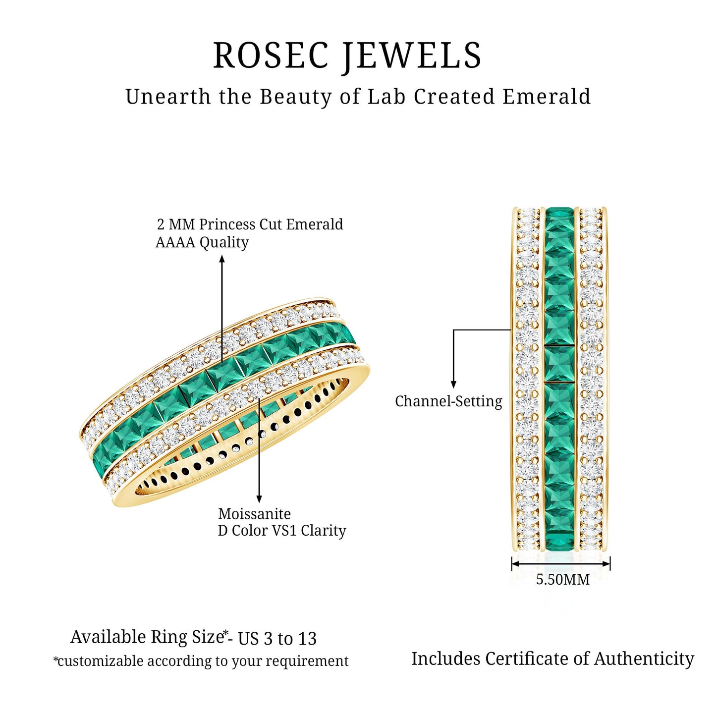 Three Row Lab Created Emerald and Moissanite Wedding Band