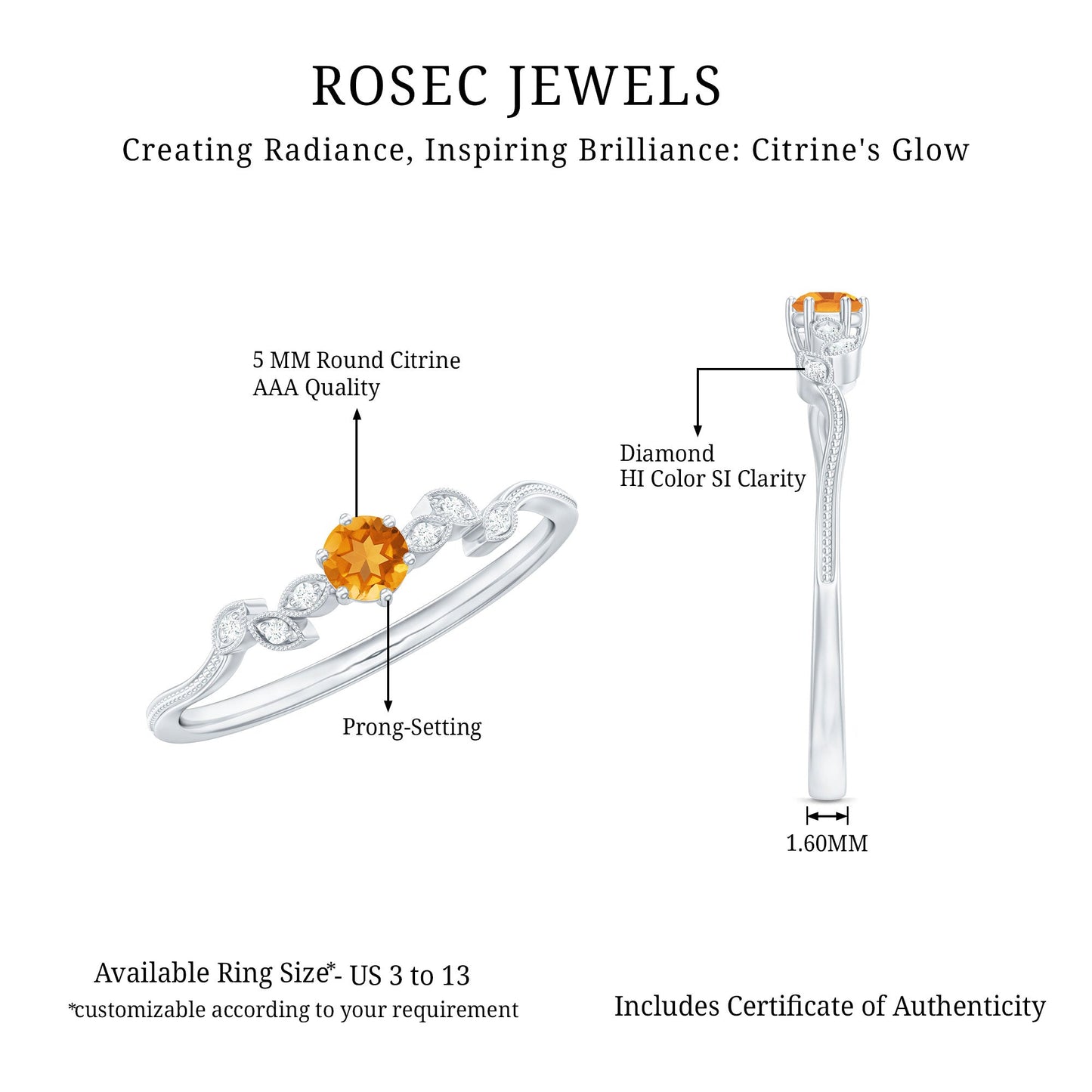 Nature Inspired Citrine Promise Ring with Diamond
