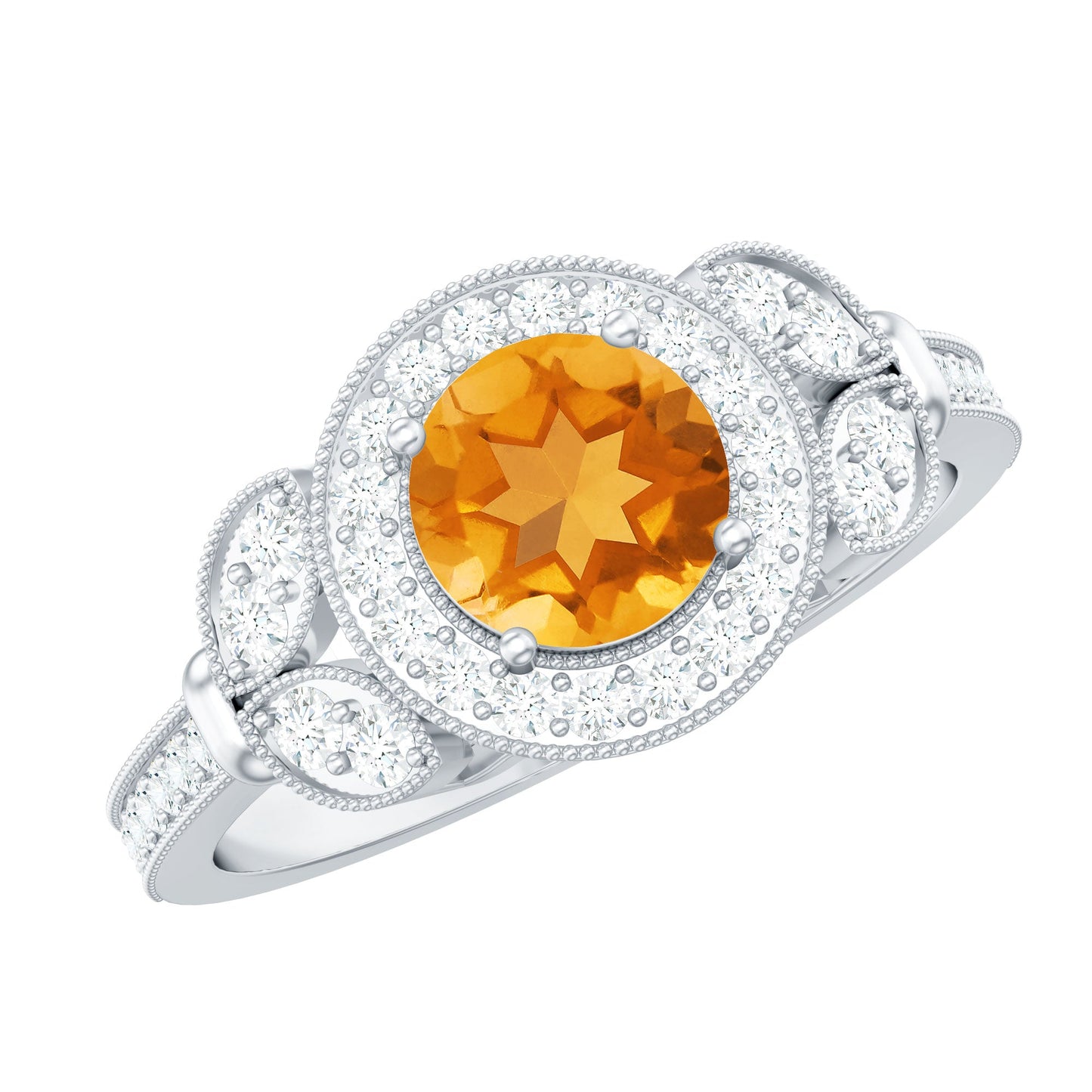 Vintage Style 7mm Citrine Engagement Ring with Diamond Halo