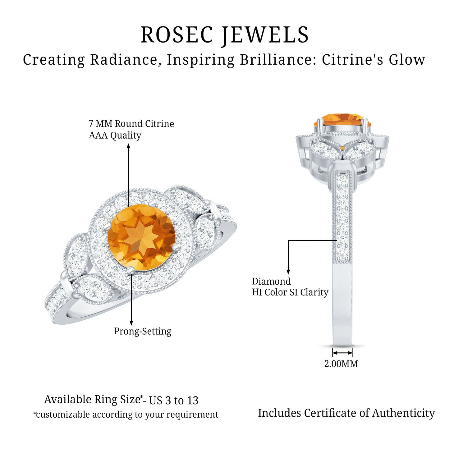 Vintage Style 7mm Citrine Engagement Ring with Diamond Halo