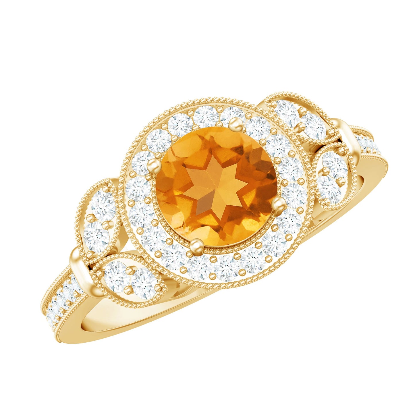 Vintage Style 7mm Citrine Engagement Ring with Diamond Halo