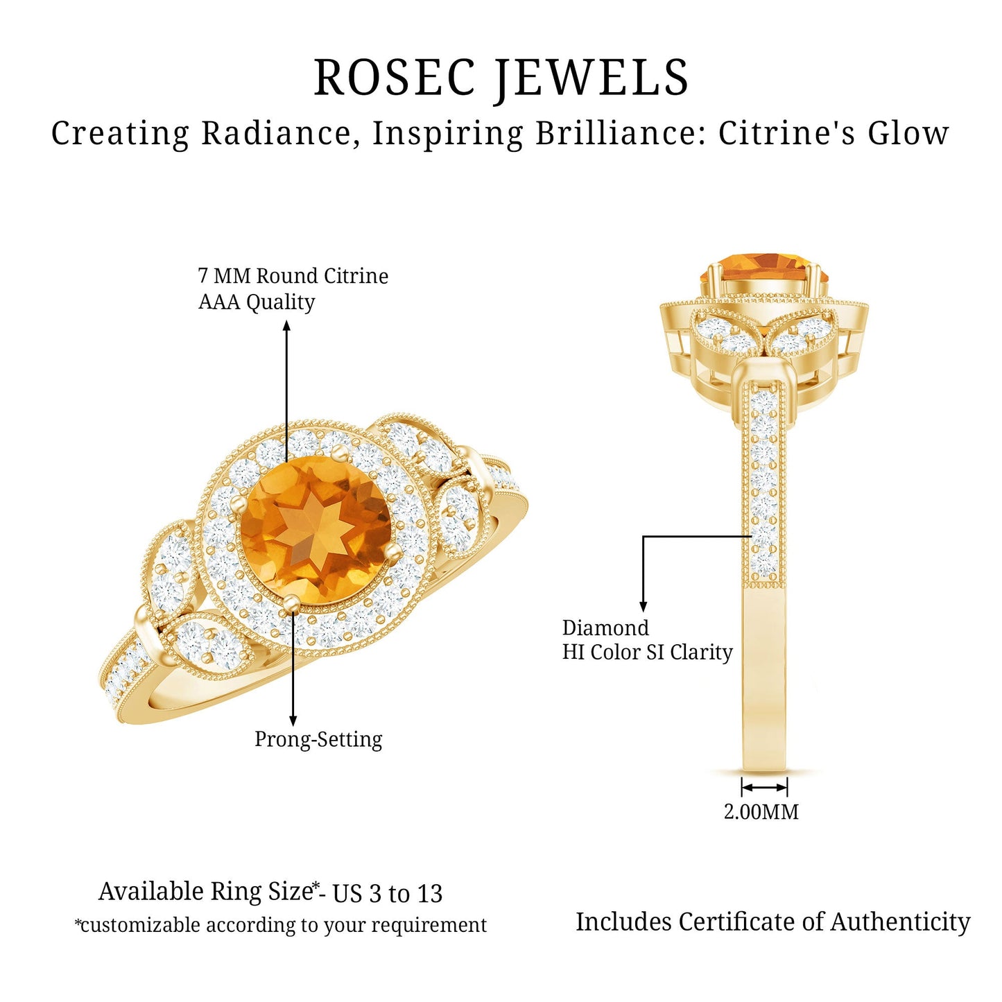 Vintage Style 7mm Citrine Engagement Ring with Diamond Halo