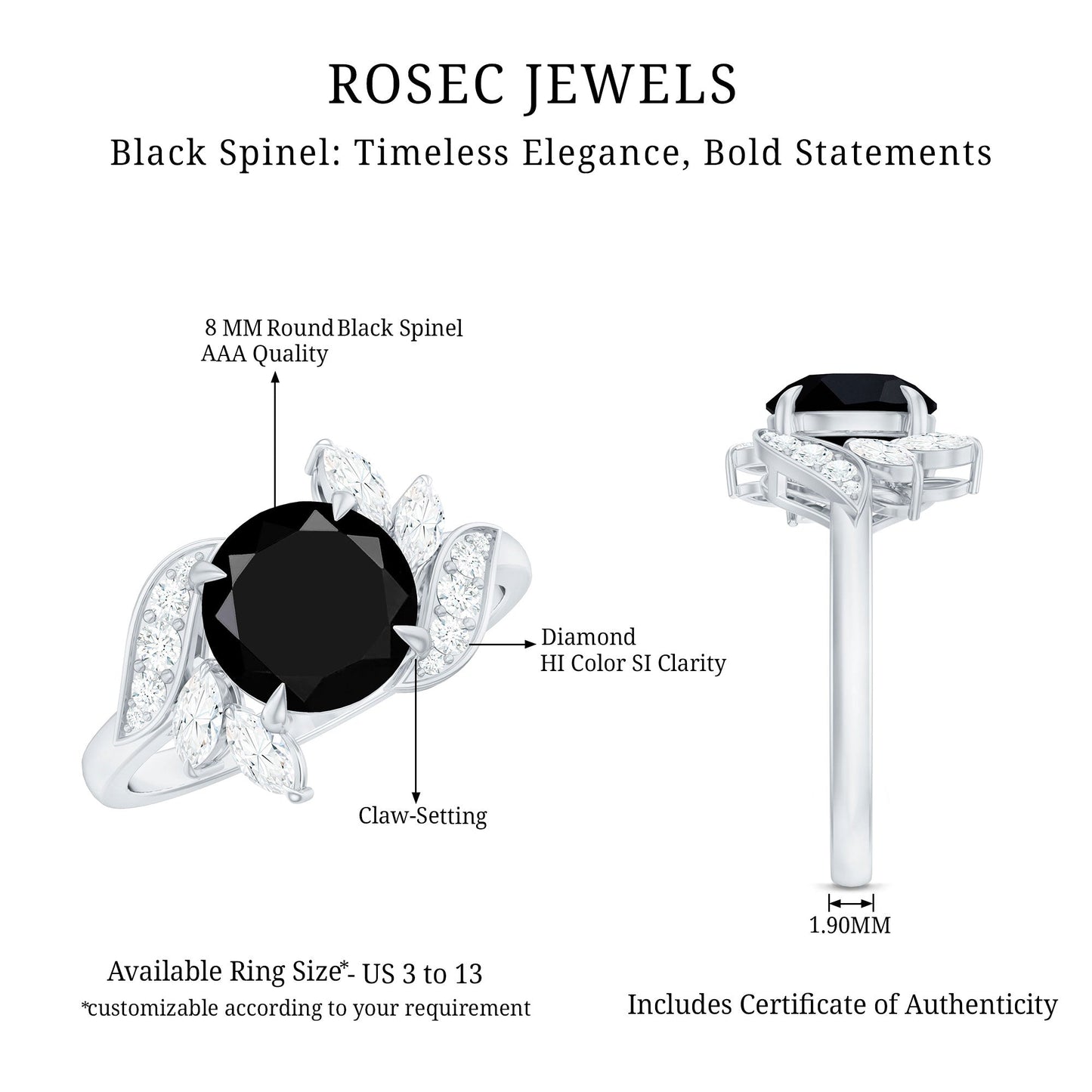 Nature Inspired Black Spinel Engagement Ring with Diamond