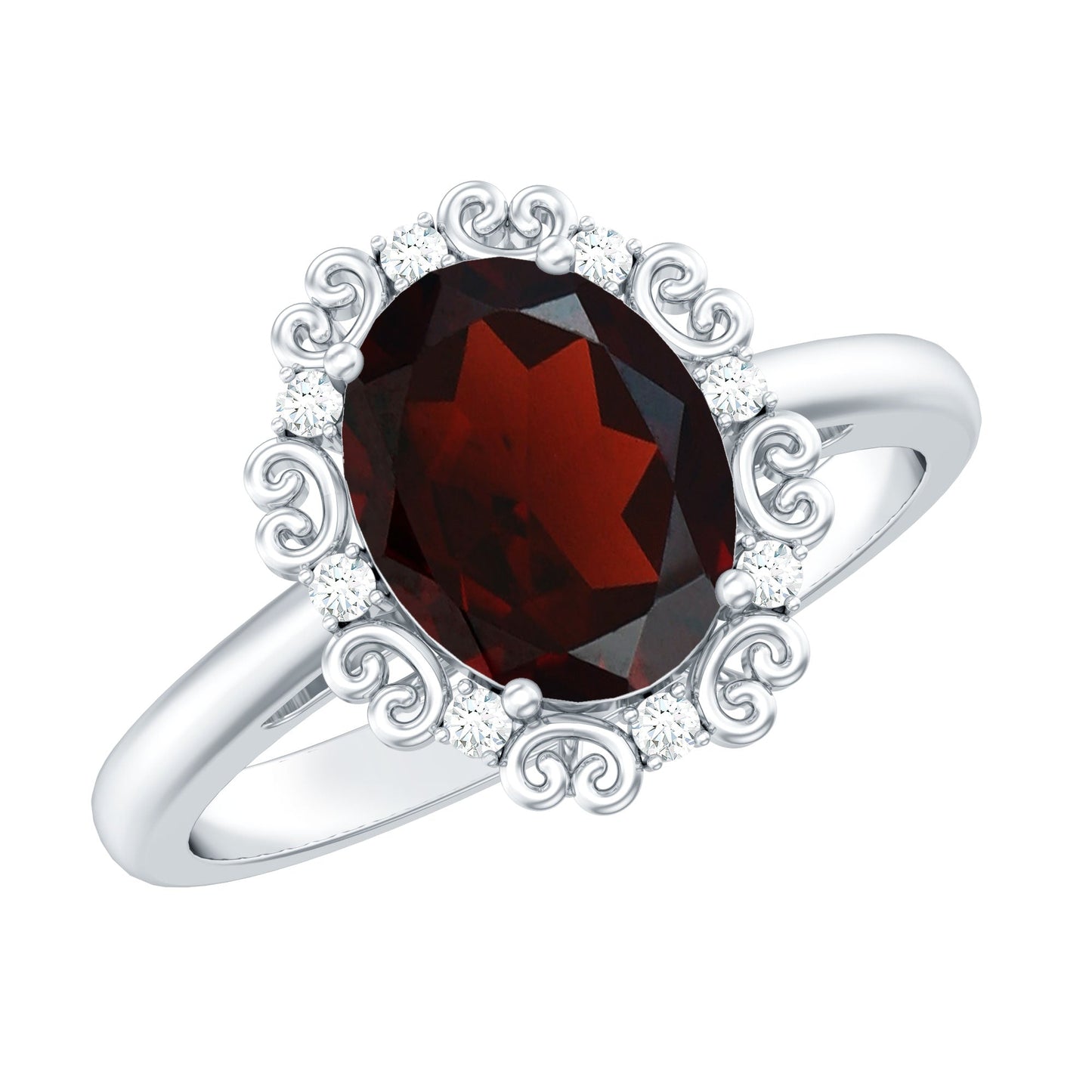 Natural 8X10mm Garnet Vintage Looking Engagement Ring with Diamond