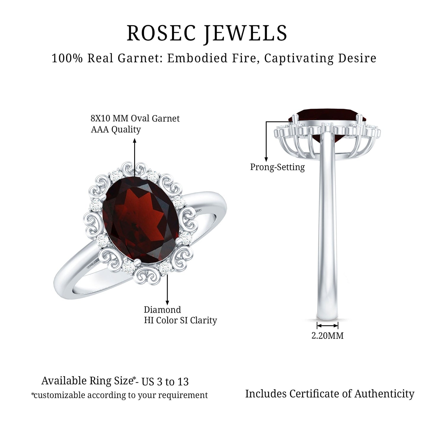Natural 8X10mm Garnet Vintage Looking Engagement Ring with Diamond