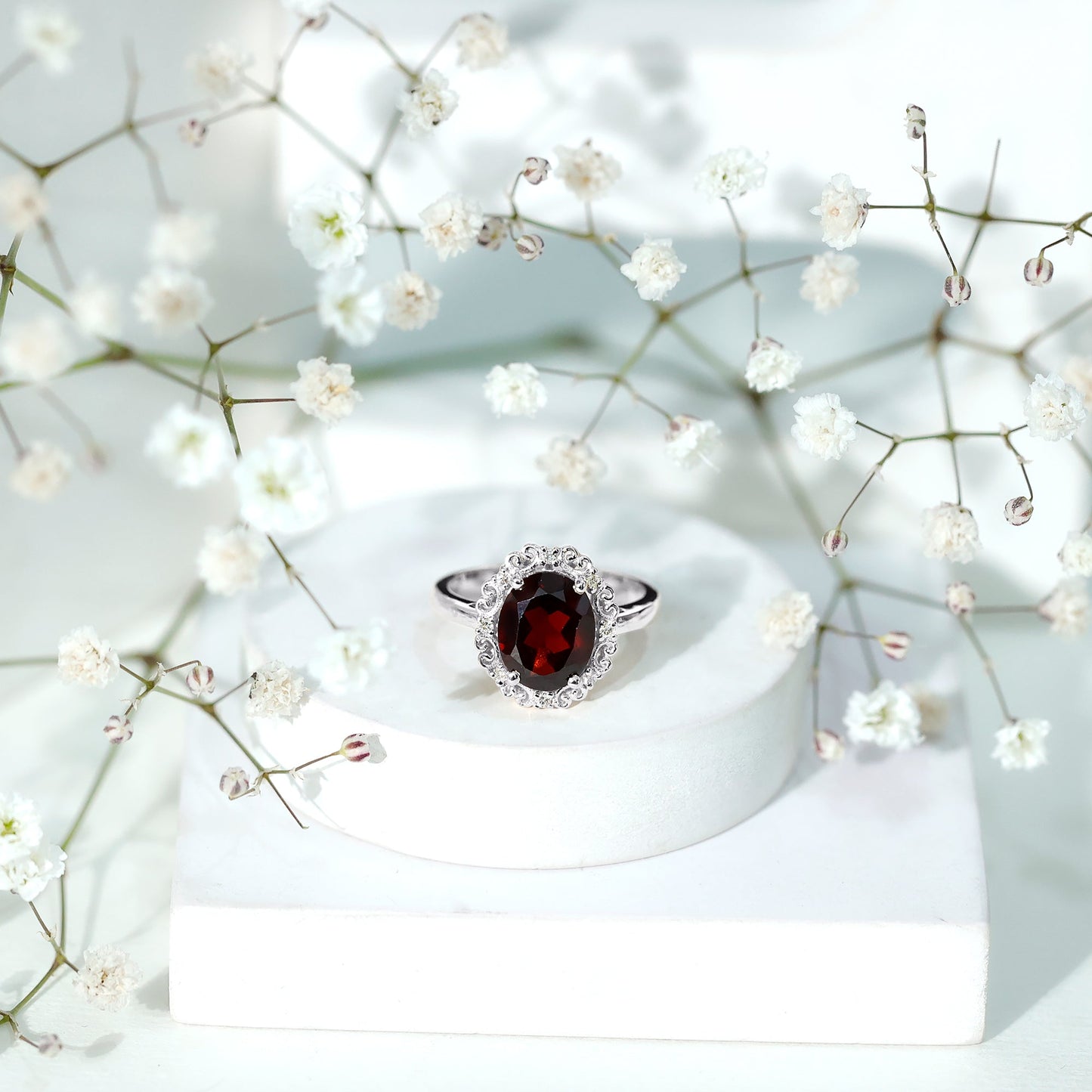 Natural 8X10mm Garnet Vintage Looking Engagement Ring with Diamond