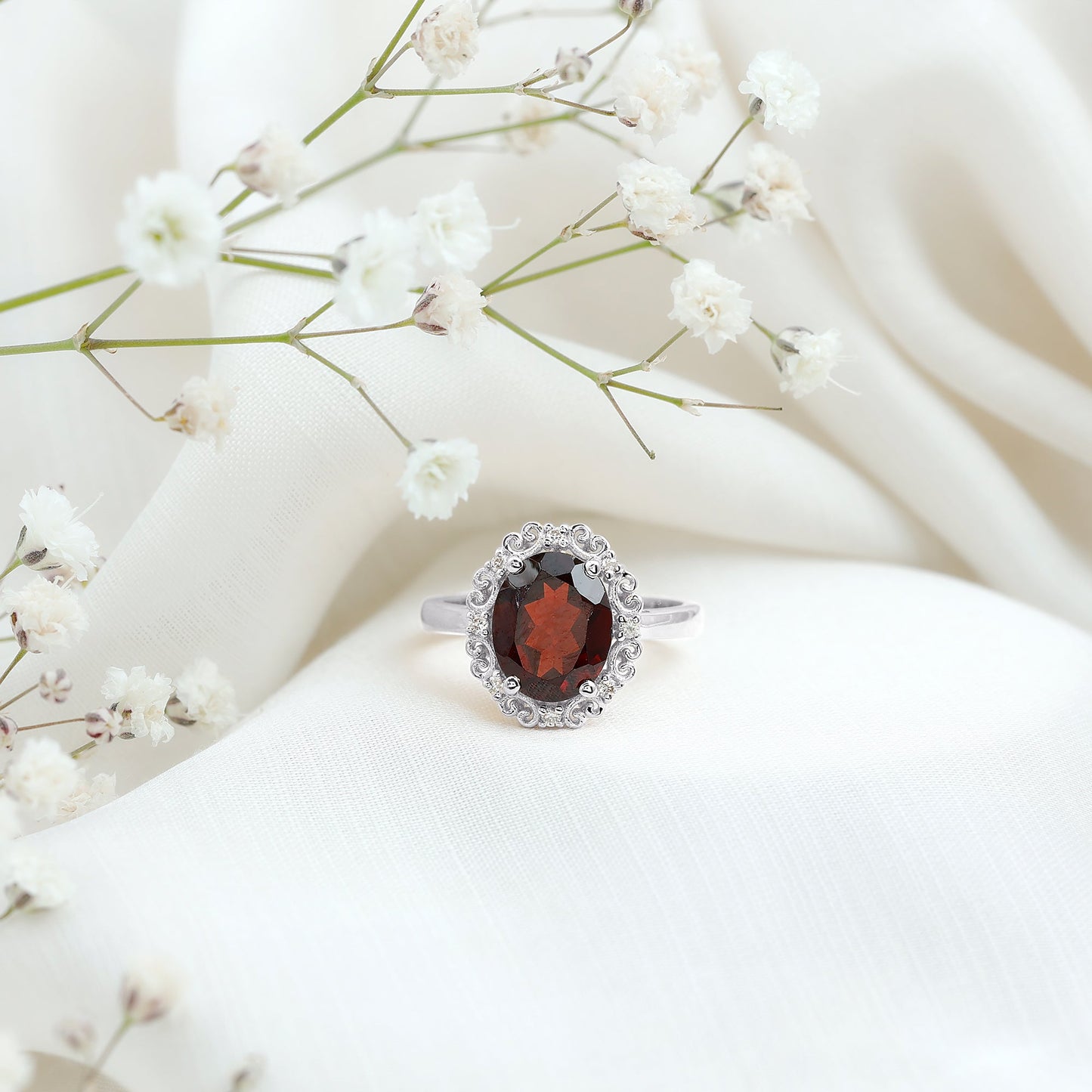 Natural 8X10mm Garnet Vintage Looking Engagement Ring with Diamond