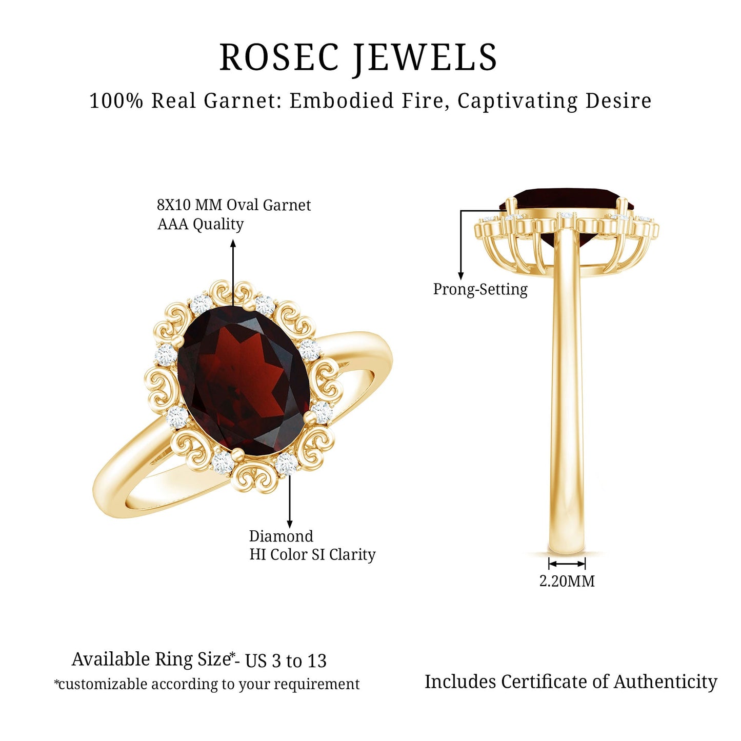 Natural 8X10mm Garnet Vintage Looking Engagement Ring with Diamond
