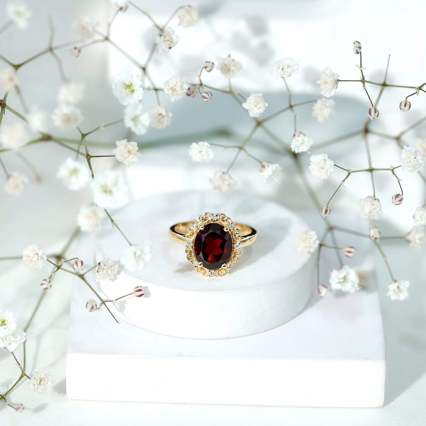 Natural 8X10mm Garnet Vintage Looking Engagement Ring with Diamond