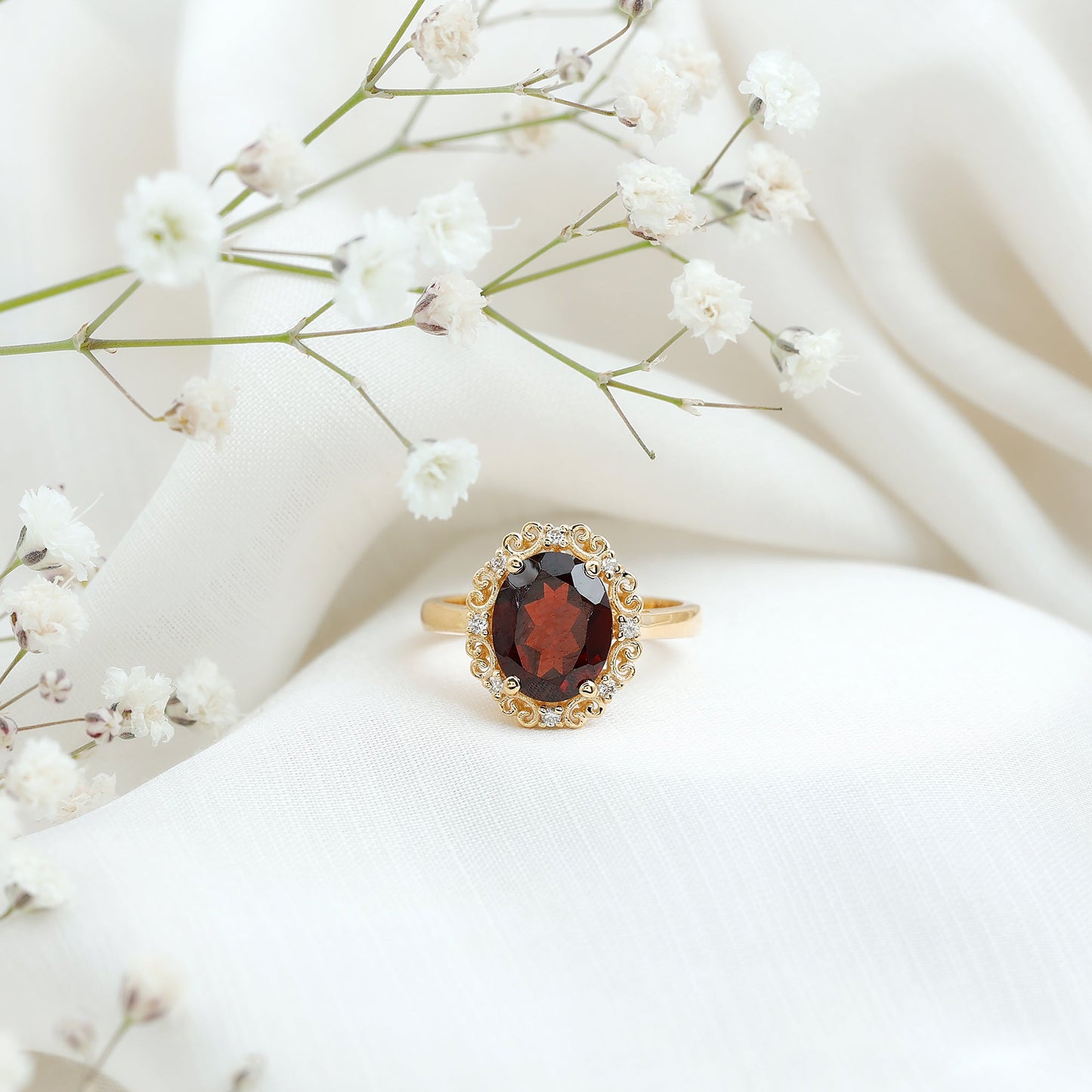 Natural 8X10mm Garnet Vintage Looking Engagement Ring with Diamond