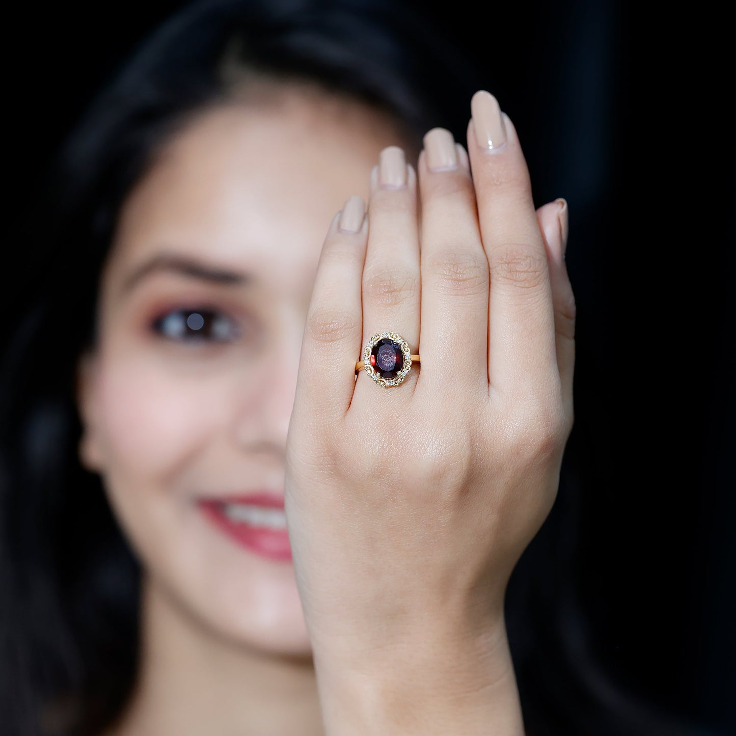 Natural 8X10mm Garnet Vintage Looking Engagement Ring with Diamond