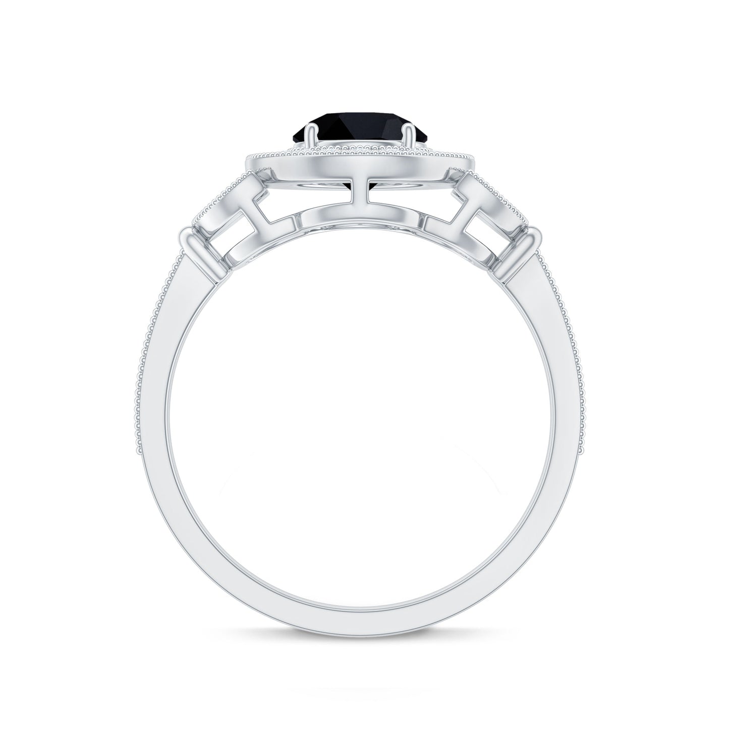 8mm Round Black Onyx Vintage Engagement Ring with Diamond Halo