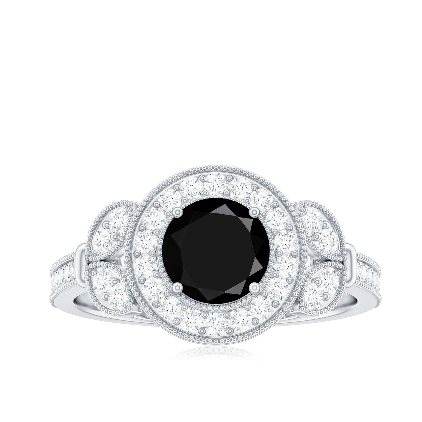 8mm Round Black Onyx Vintage Engagement Ring with Diamond Halo